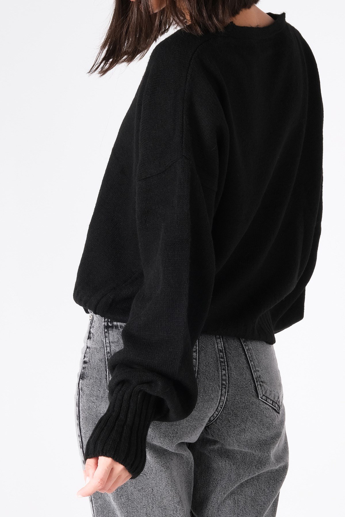 Siyah Triko Balon Kol Hırka-Kazak-Mio Gusto-G0032BLK