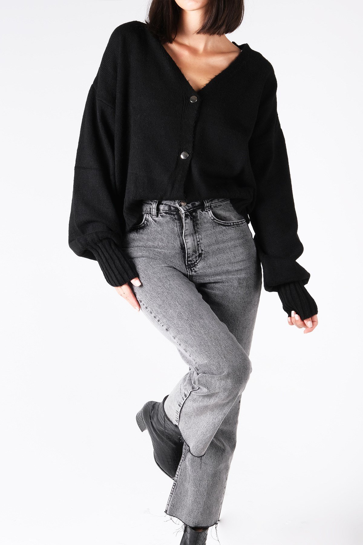 Siyah Triko Balon Kol Hırka-Kazak-Mio Gusto-G0032BLK