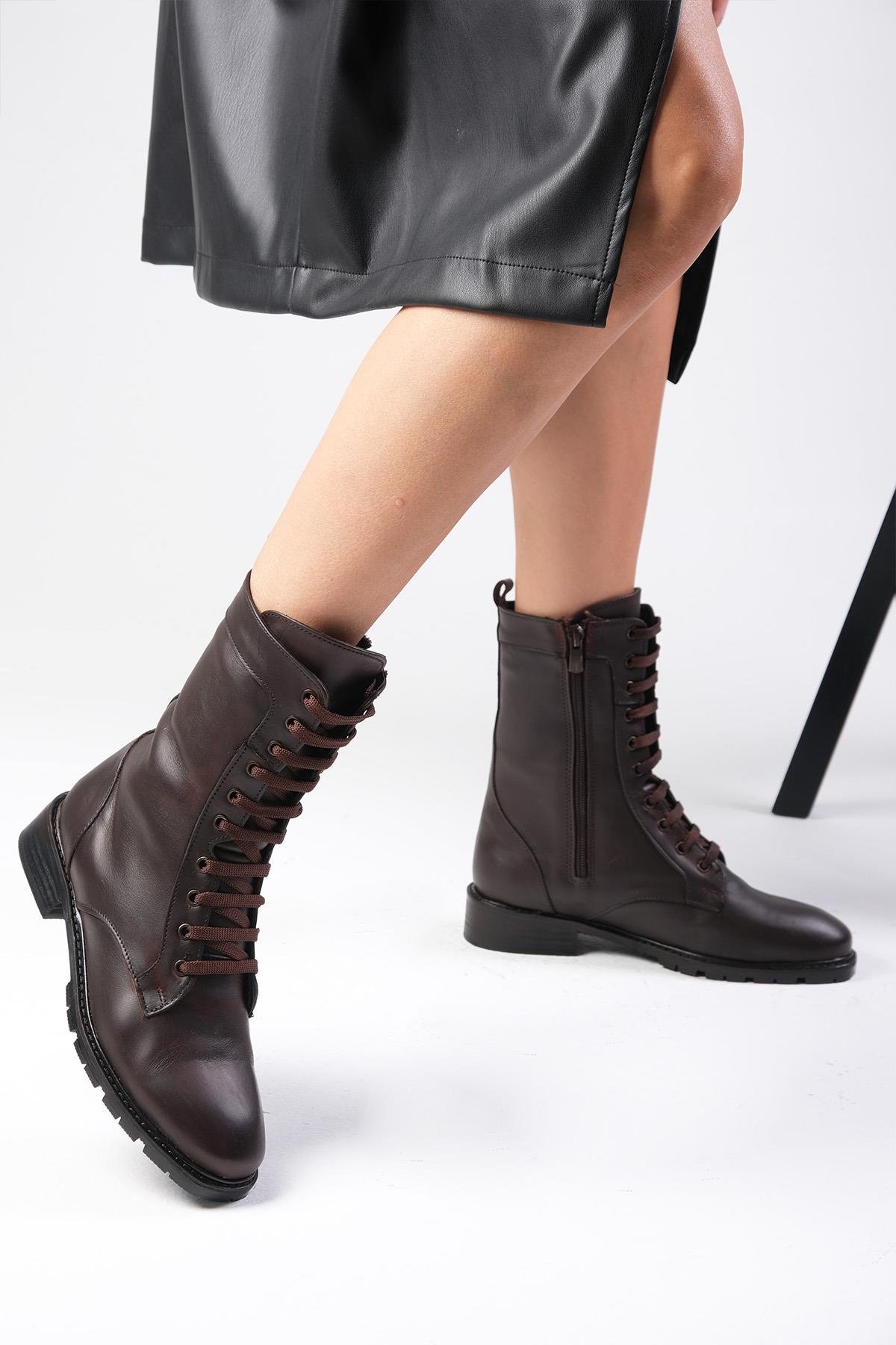 Solana Hakiki Deri Kahverengi Postal Bot-Topuksuz-Mio Gusto-05850BRC