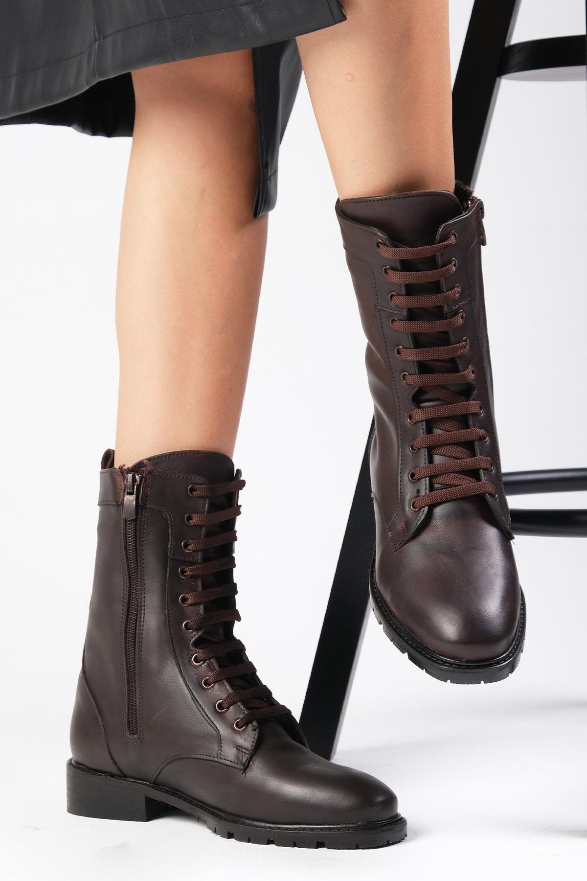 Solana Hakiki Deri Kahverengi Postal Bot-Topuksuz-Mio Gusto-05850BRC