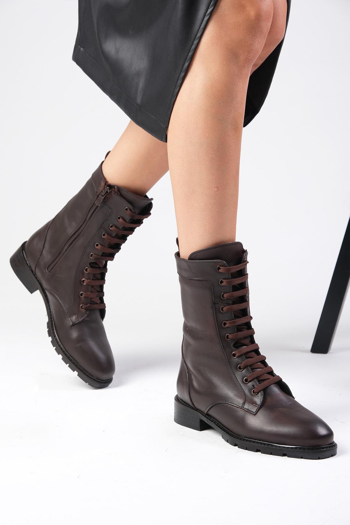 Solana Hakiki Deri Kahverengi Postal Bot-Topuksuz-Mio Gusto-05850BRC