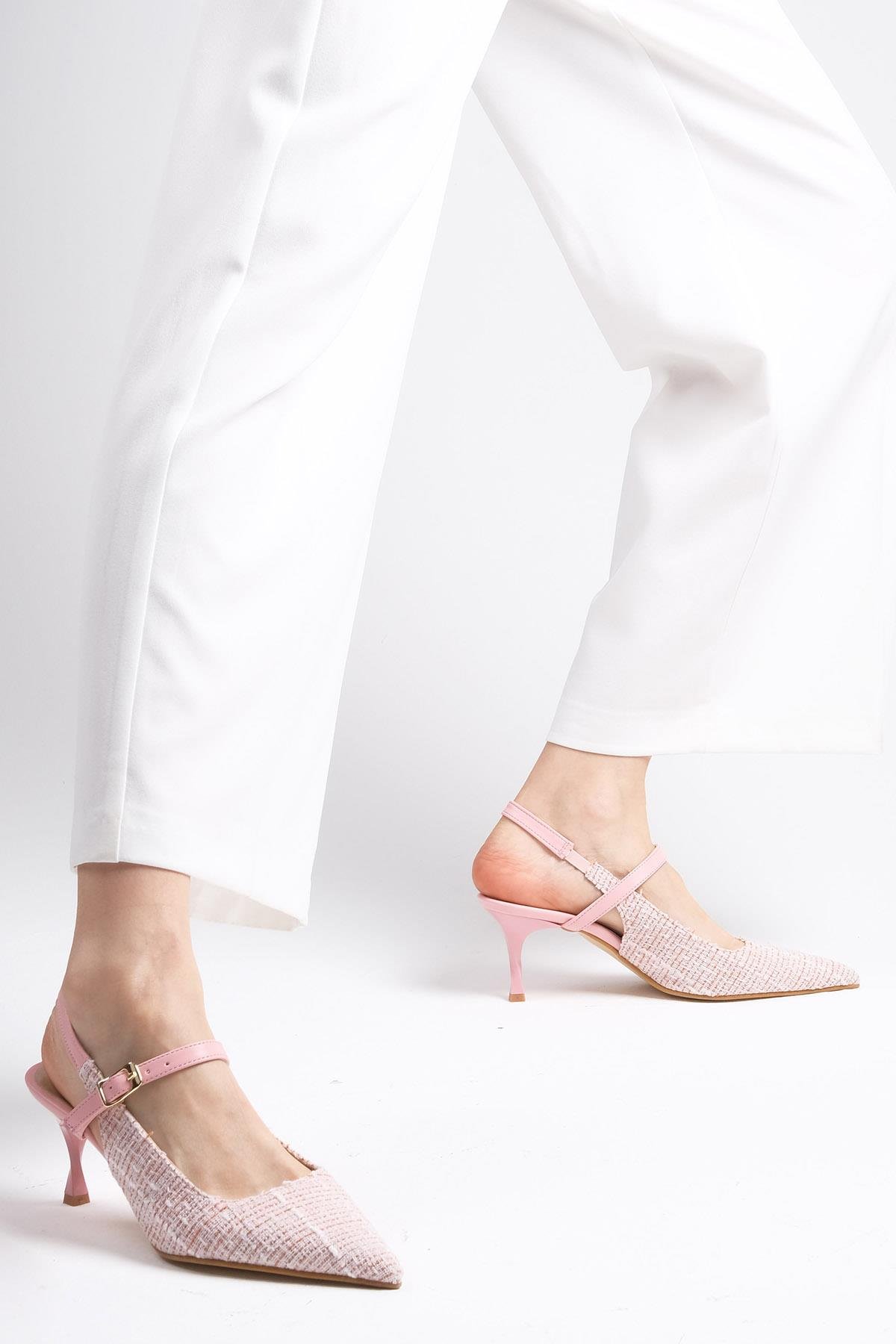 Tamara Pudra Renk Kumaş Topuklu Ayakkabı-Yüksek Topuklu-Mio Gusto-01442POK