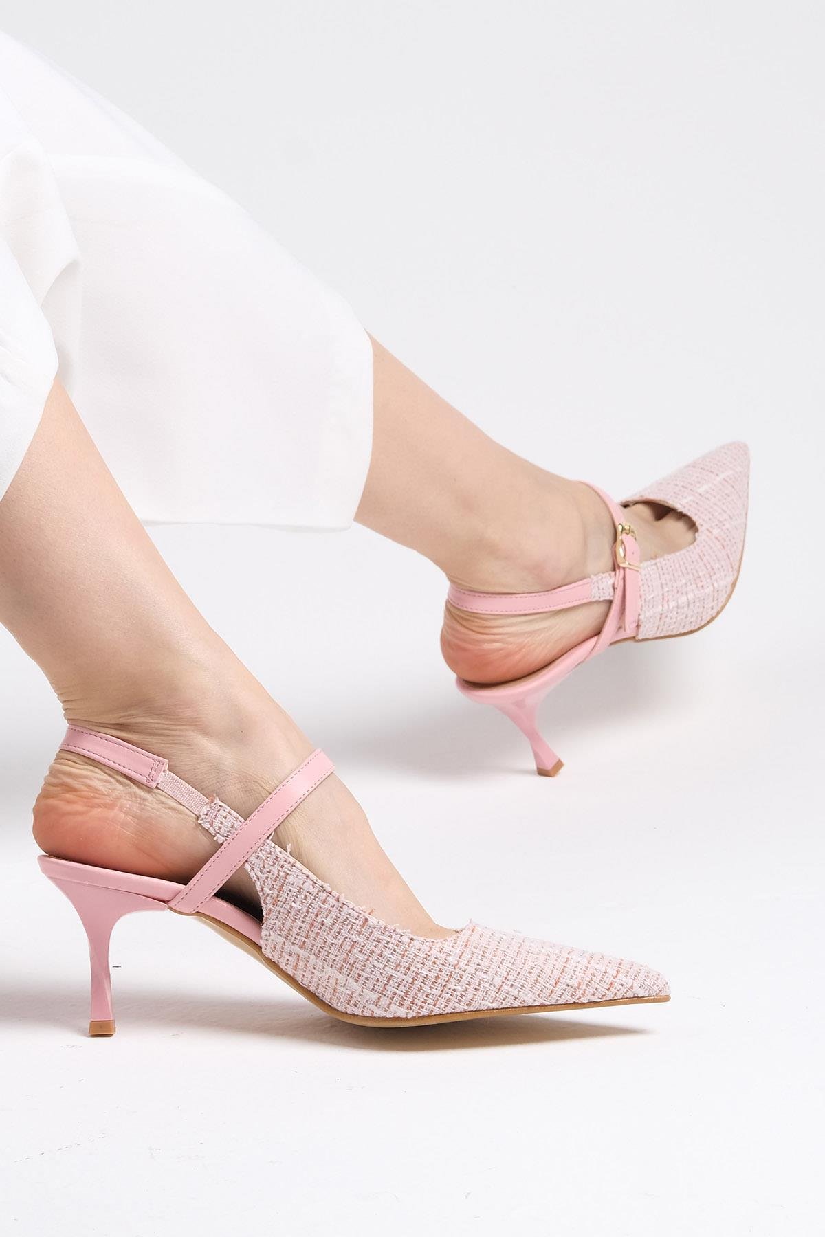 Tamara Pudra Renk Kumaş Topuklu Ayakkabı-Yüksek Topuklu-Mio Gusto-01442POK