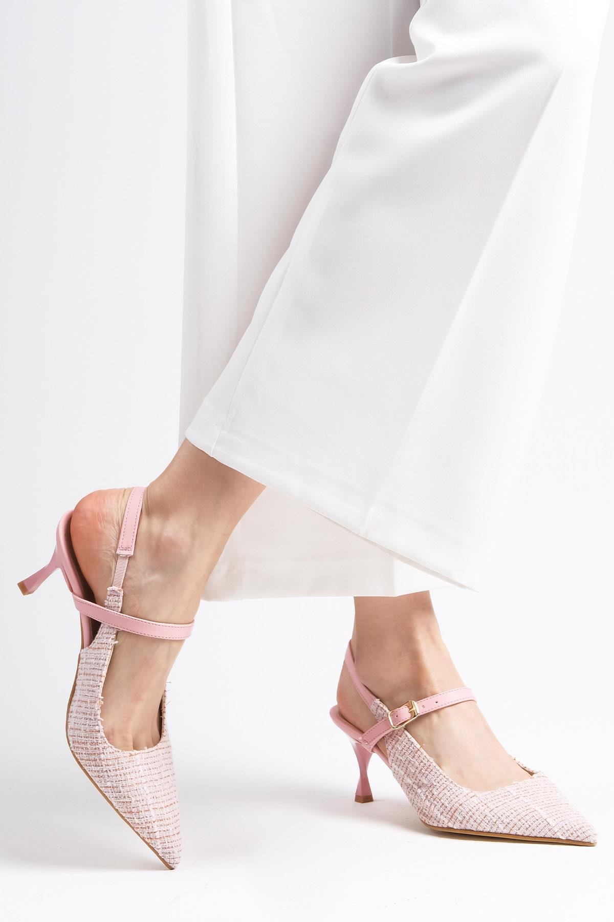 Tamara Pudra Renk Kumaş Topuklu Ayakkabı-Yüksek Topuklu-Mio Gusto-01442POK