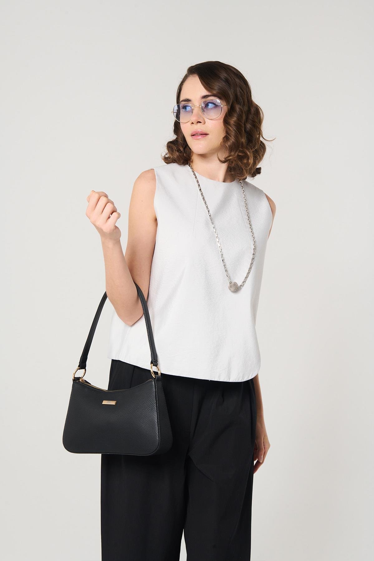 Taş Rengi Kolsuz Asimetrik Bluz