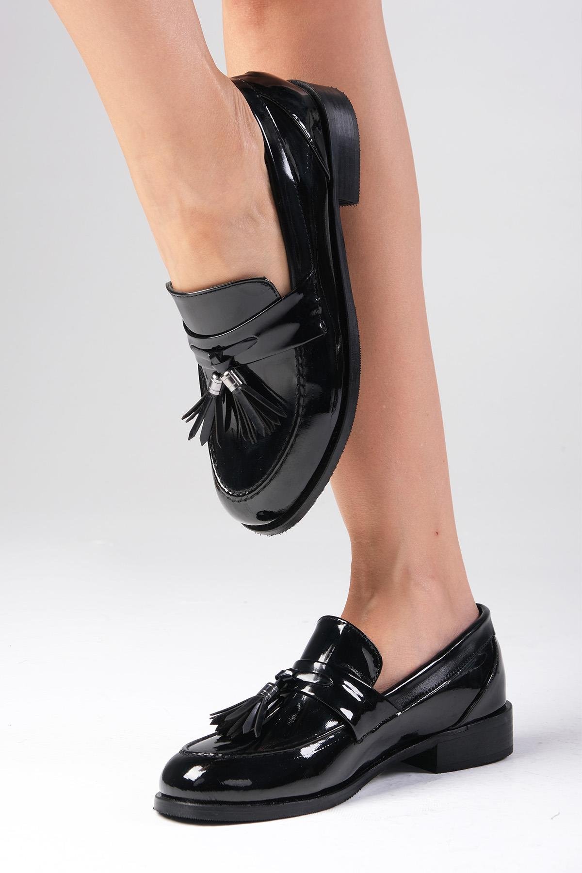 Tiffany Siyah Renk Rugan Oxford Ayakkabı-DÜZ AYAKKABI-Mio Gusto-02318BLR