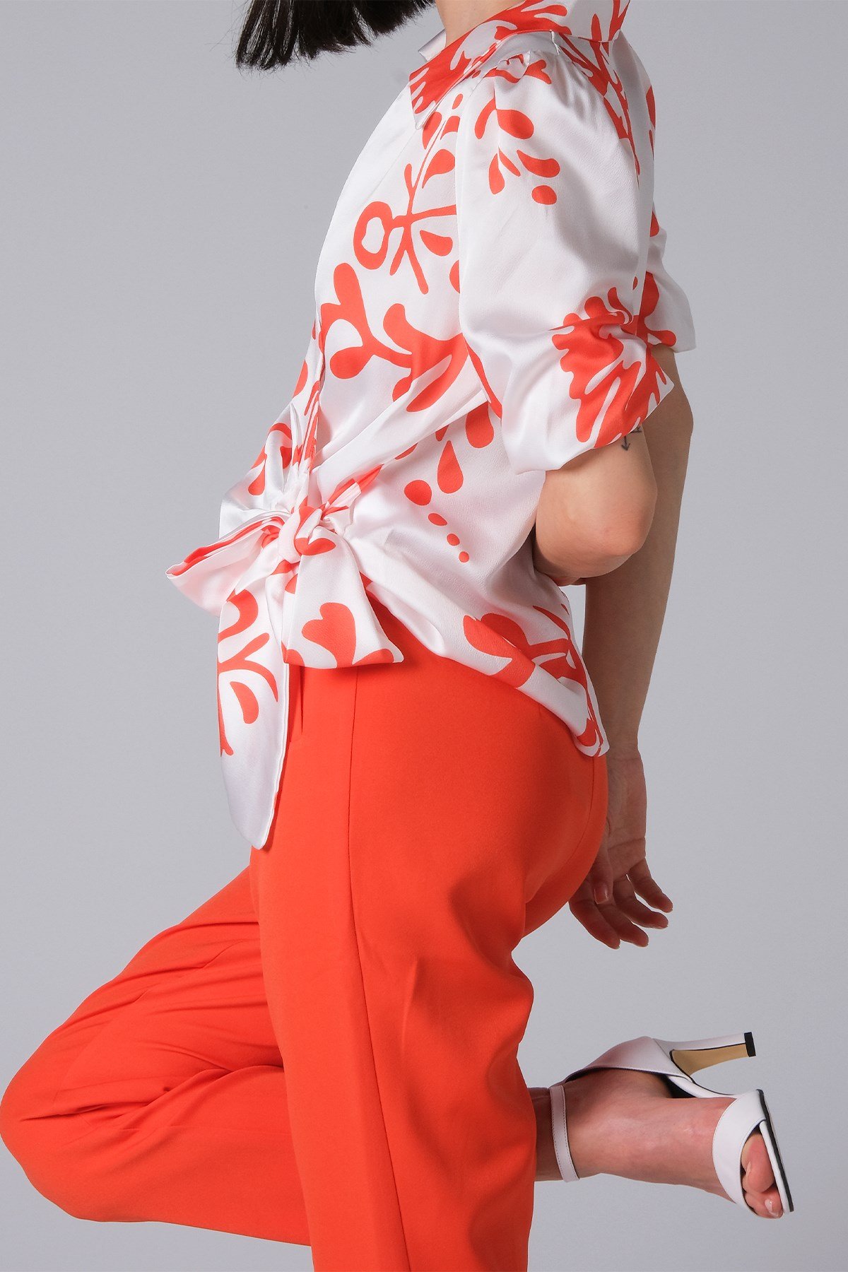 Turuncu Renk Desenli Kadın Bluz Gömlek-Gömlek -Mio Gusto-G0028ORK