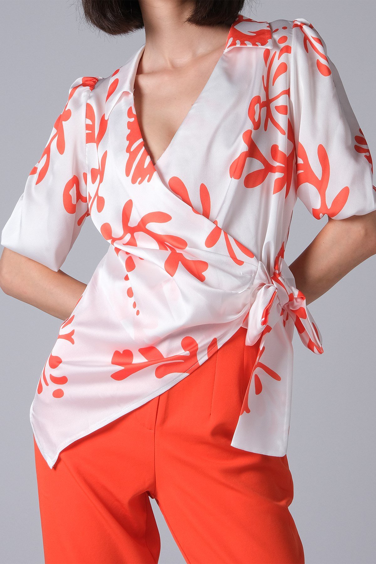 Turuncu Renk Desenli Kadın Bluz Gömlek-Gömlek -Mio Gusto-G0028ORK