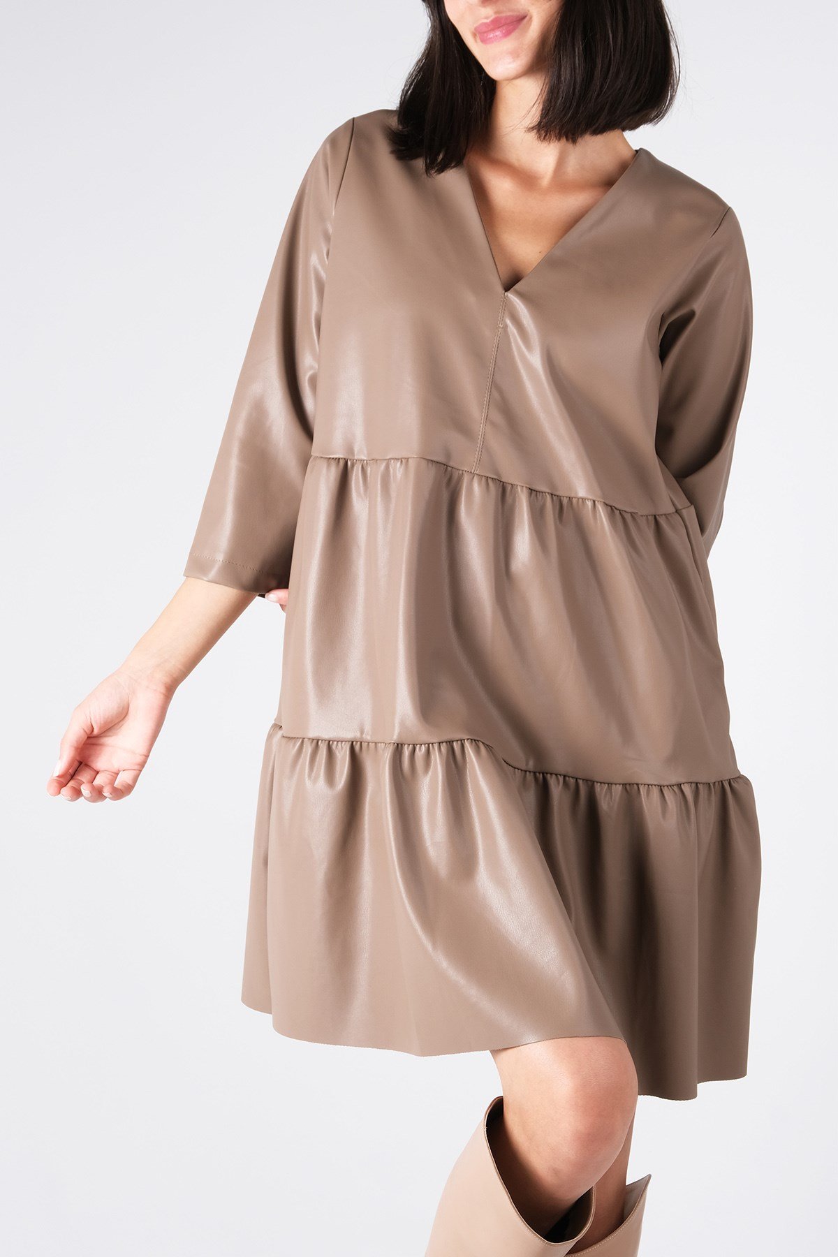 Vizon Renk Kadın Deri Elbise-Elbise ve Kombin-Mio Gusto-G0030MIK