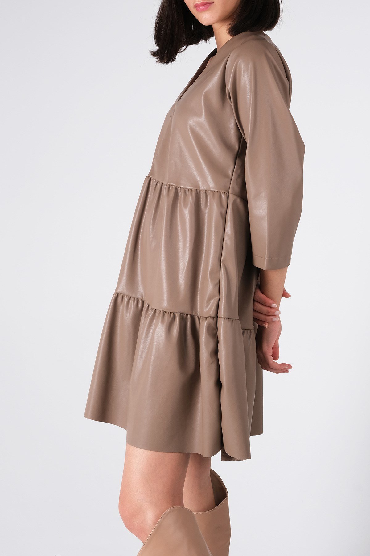 Vizon Renk Kadın Deri Elbise-Elbise ve Kombin-Mio Gusto-G0030MIK