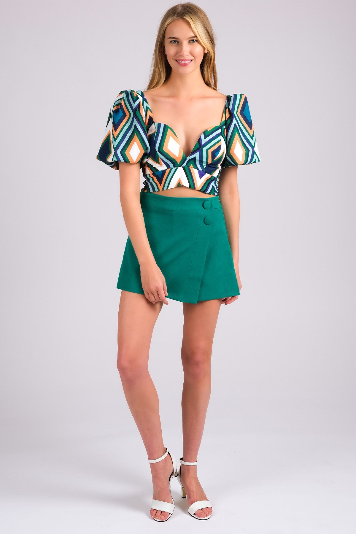 Yeşil Renk Desenli Balon Kol Kadın Bluz-Atlet-Bluz-Mio Gusto-G0020GNK