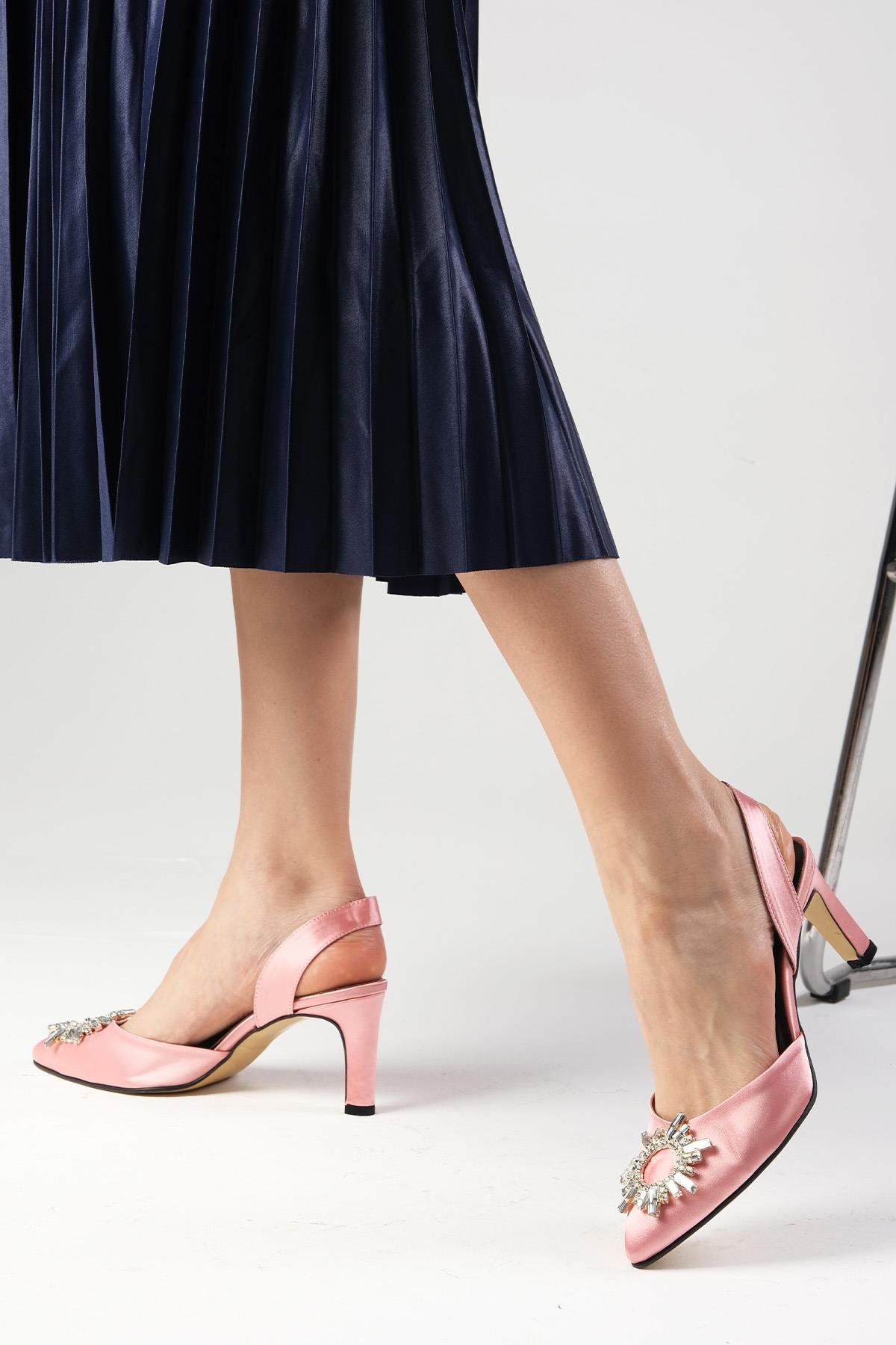 Zoey Pudra Kısa Topuklu Taşlı Abiye Ayakkabı-Abiye Ayakkabı-Mio Gusto-01352POK