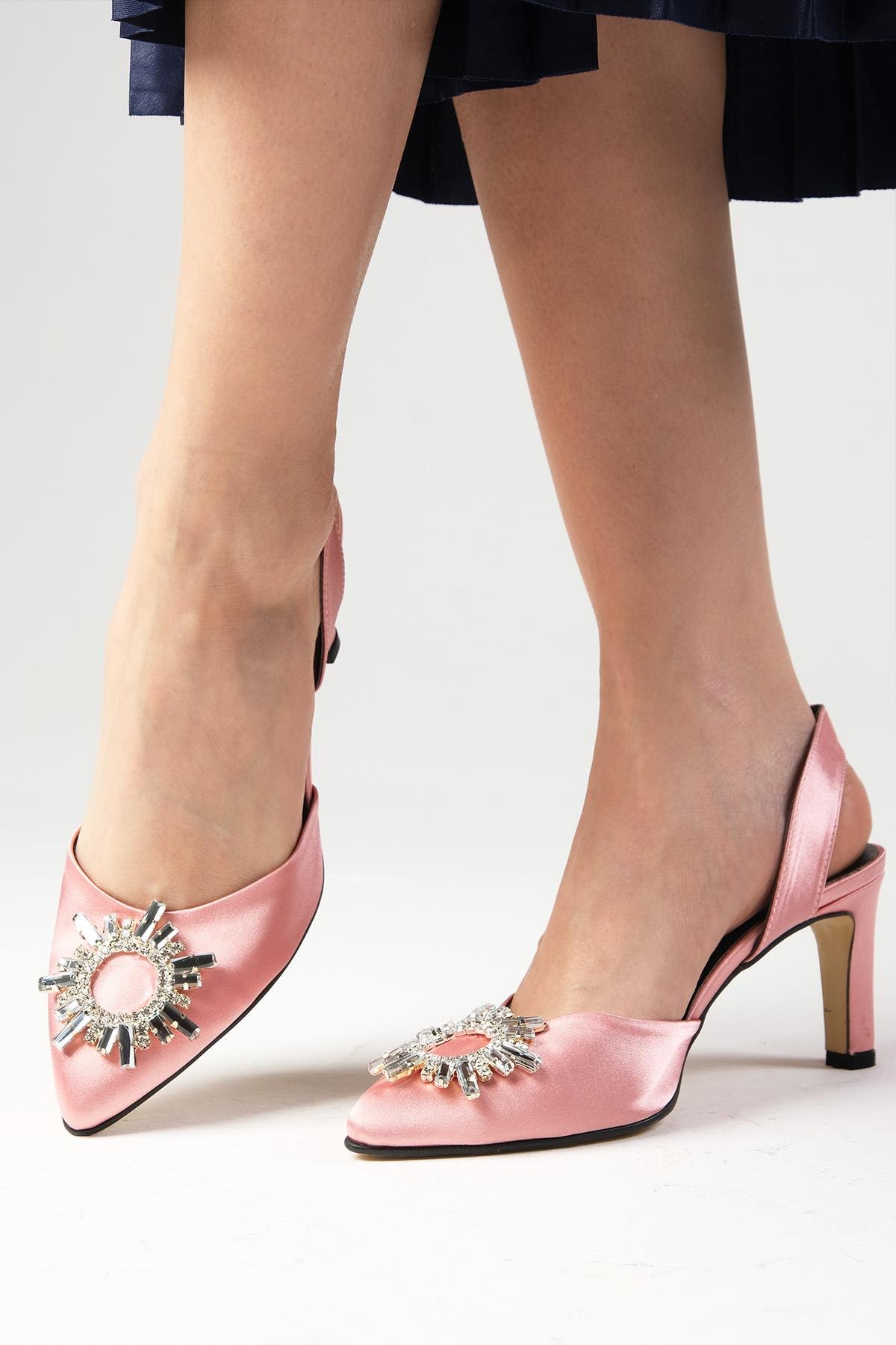 Zoey Pudra Kısa Topuklu Taşlı Abiye Ayakkabı-Abiye Ayakkabı-Mio Gusto-01352POK