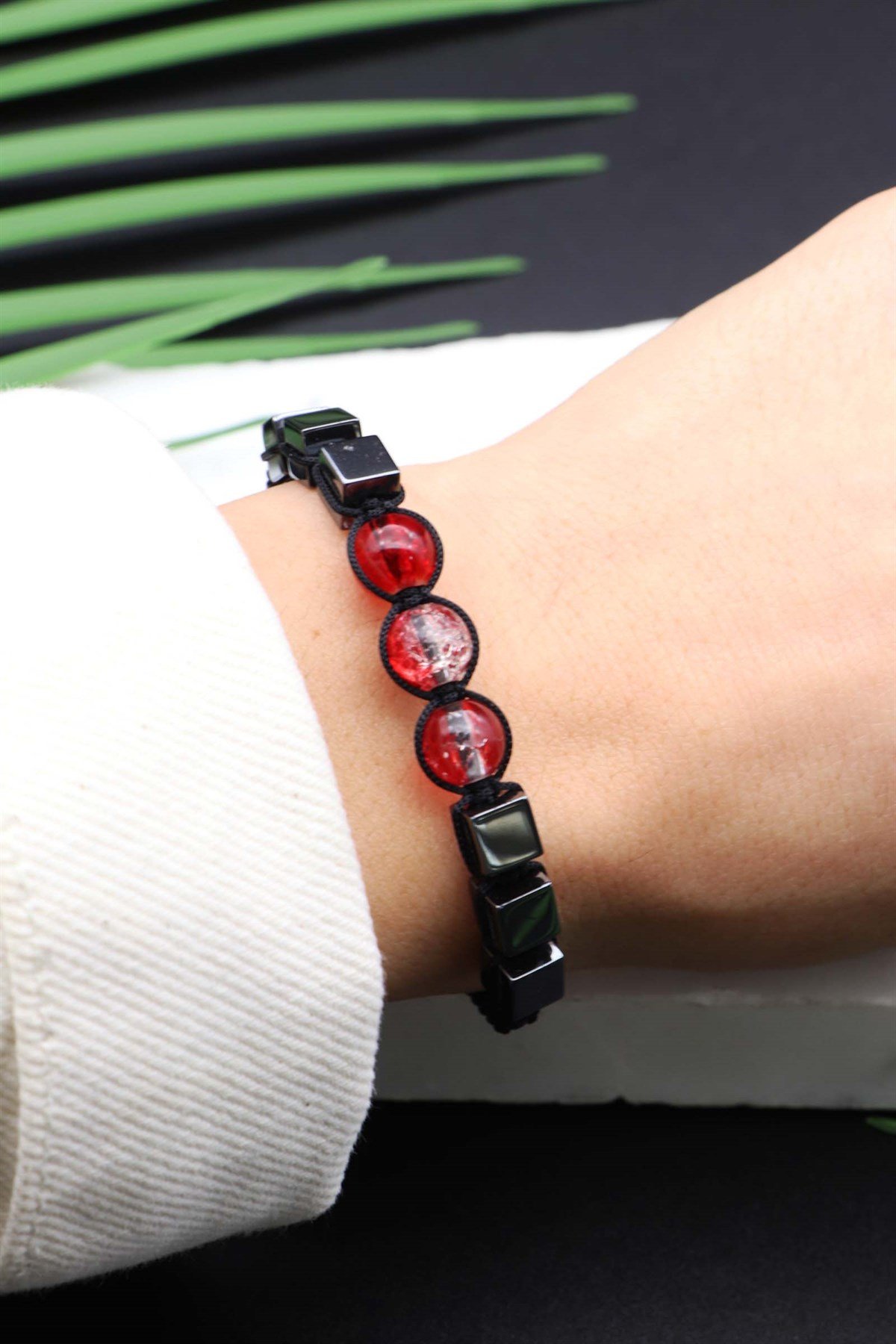Red&Silver Hematit Taşlı Örme Bileklik