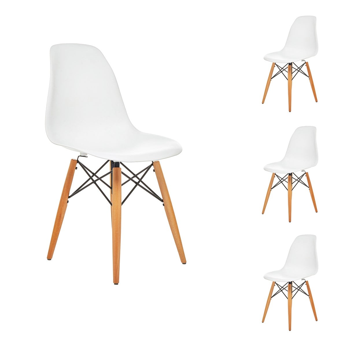 Seduna Beyaz Eames Sandalye - 4 Adet - Natural Ahşap Ayaklı