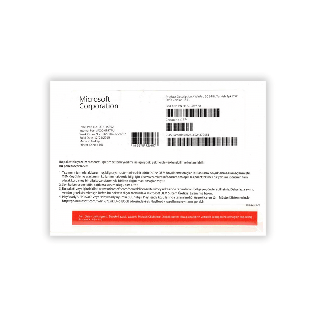 MicrosoftMicrosoft Windows 10 Pro Türkçe Oem (64 Bit) FQC-08977İşletim Sistemleri