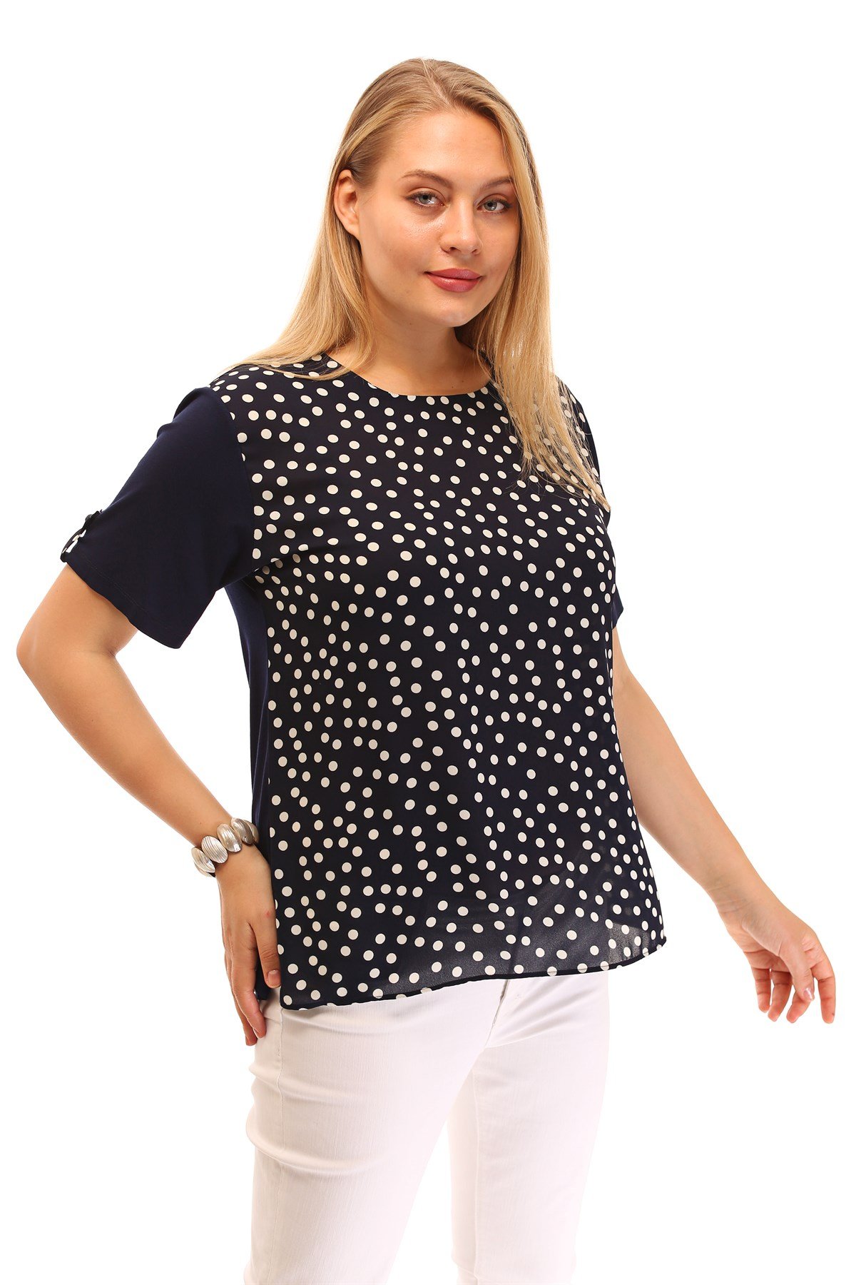  PUANTİYE DESENLİ KISA KOL BLUZ LACİVERT