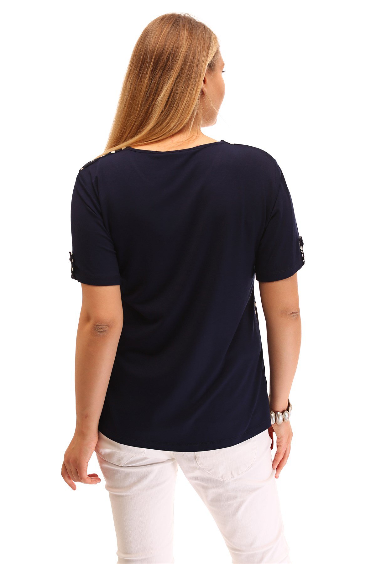  PUANTİYE DESENLİ KISA KOL BLUZ LACİVERT