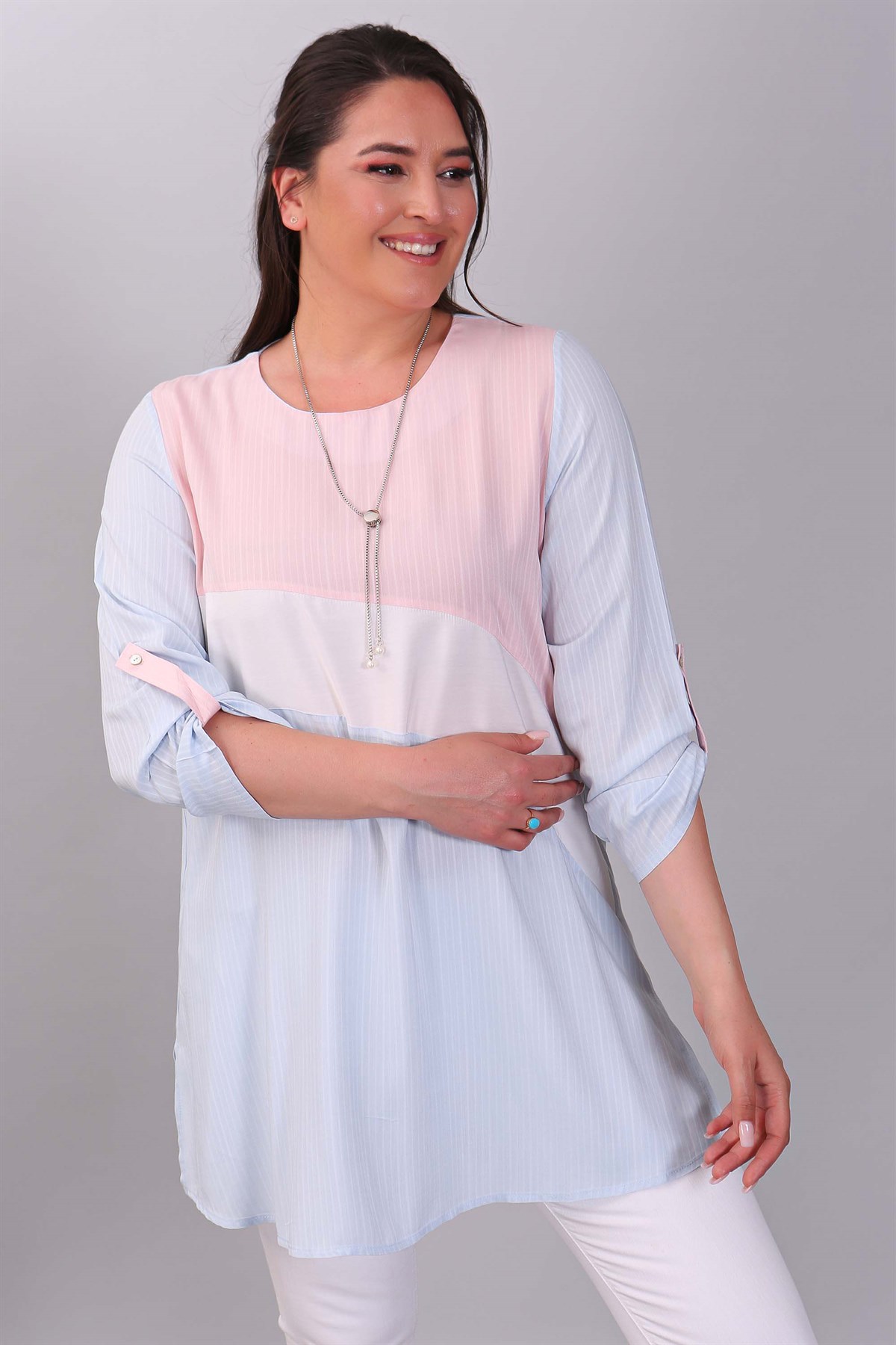 Asimetrik Kesim Garnili Mavi/Pembe Tunik 