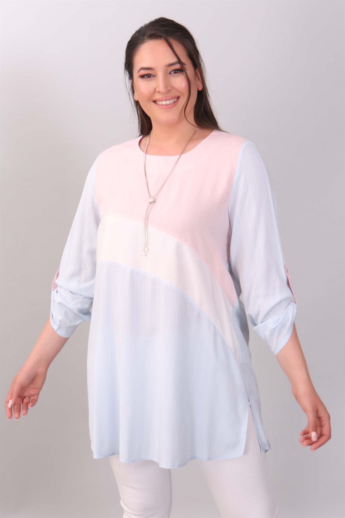 Asimetrik Kesim Garnili Mavi/Pembe Tunik 