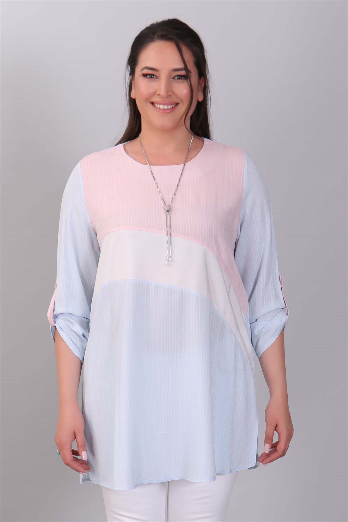 Asimetrik Kesim Garnili Mavi/Pembe Tunik 