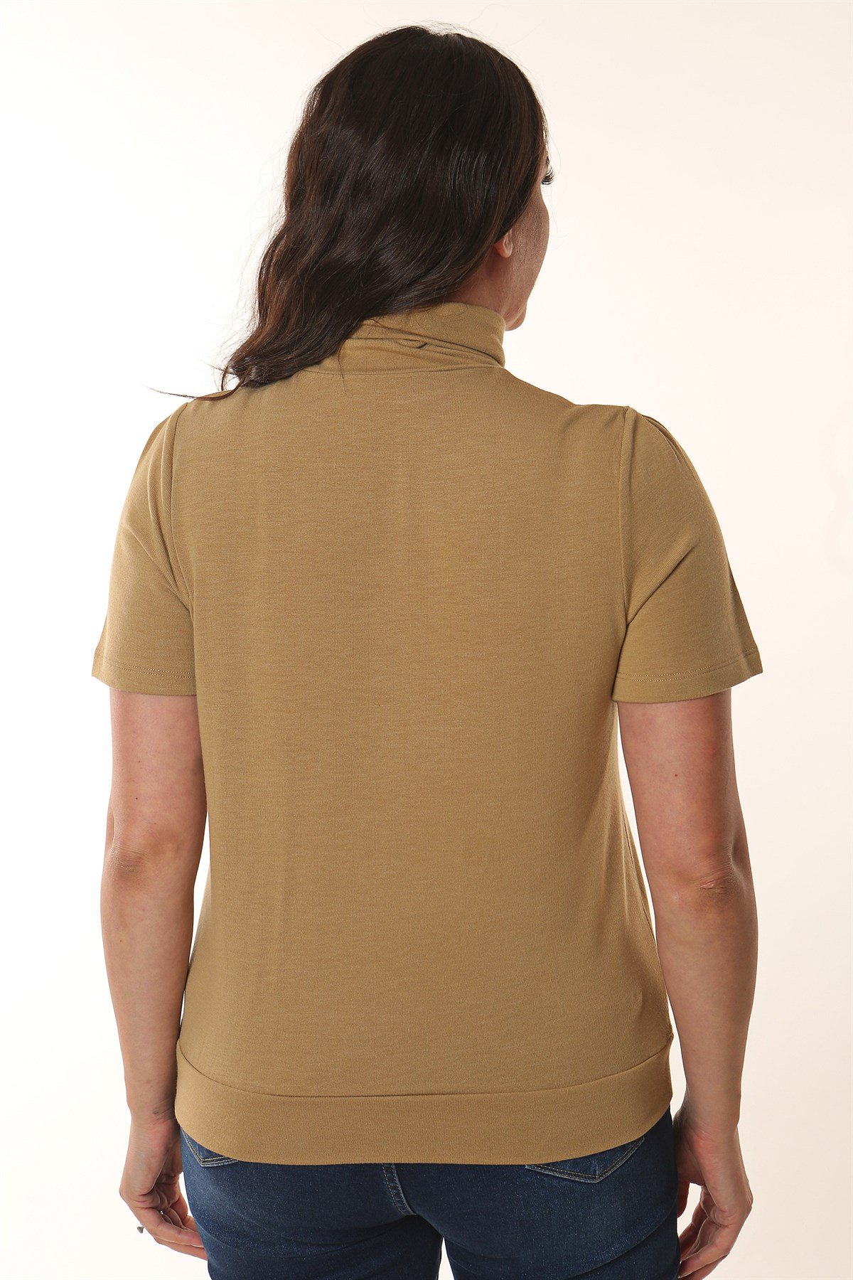 Balıkçı Yaka Kısa Kol Bej Triko Bluz