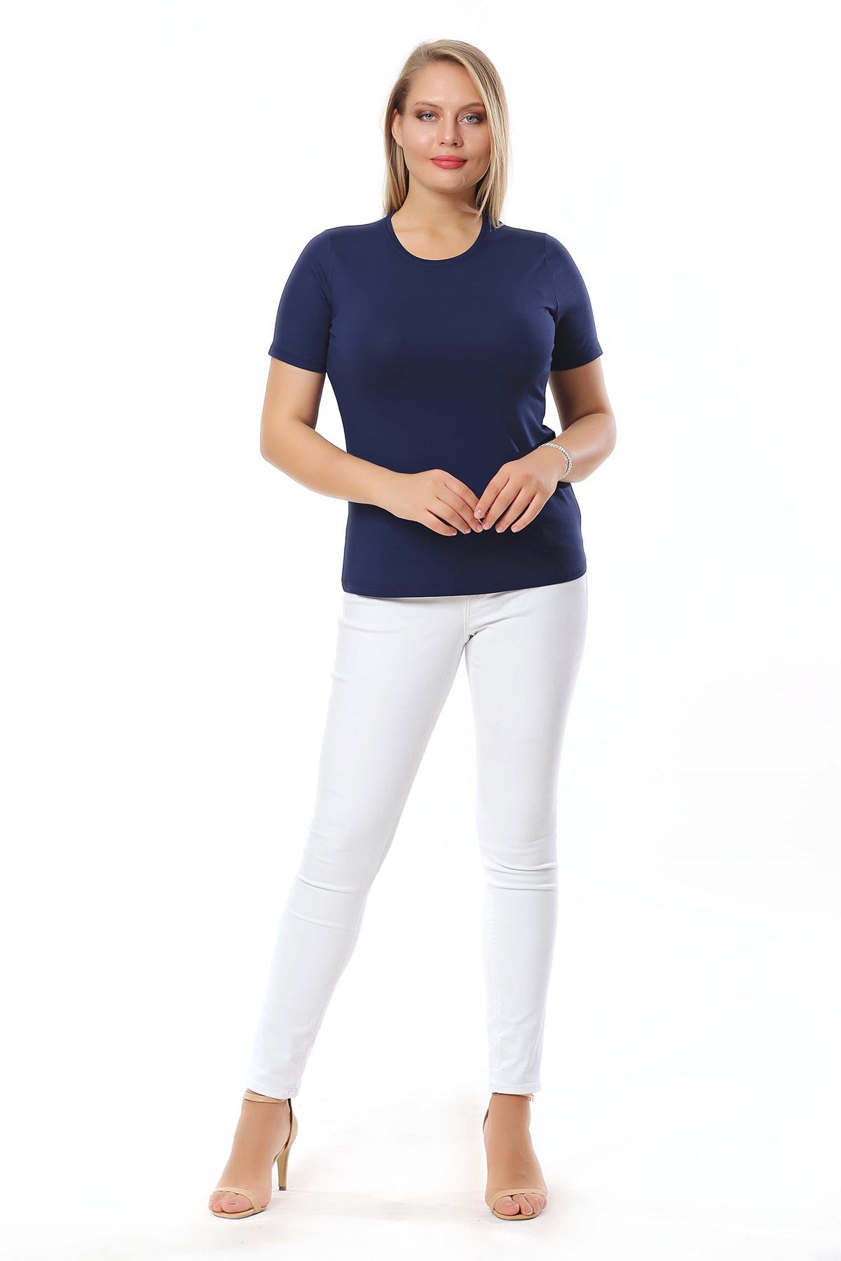Bisiklet Yaka Kısa Kol Basic Lacivert Bluz 