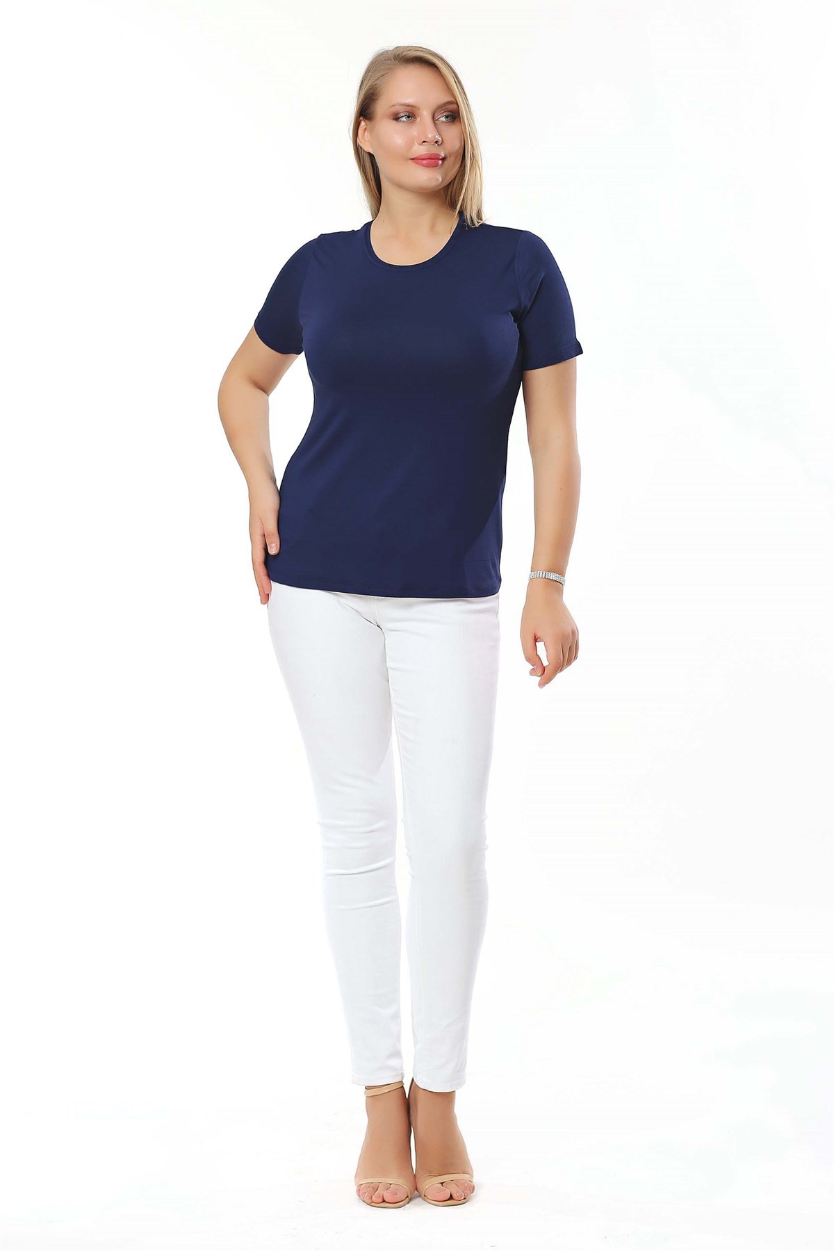 Bisiklet Yaka Kısa Kol Basic Lacivert Bluz 