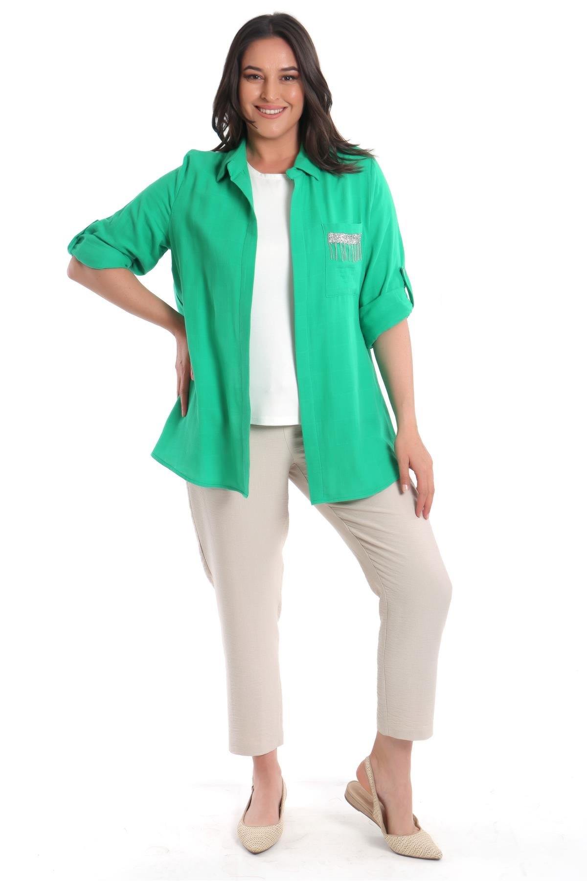 Büyük Beden Cebi Taş Şeritli Yeşil Gömlek Bluz İkili Takım