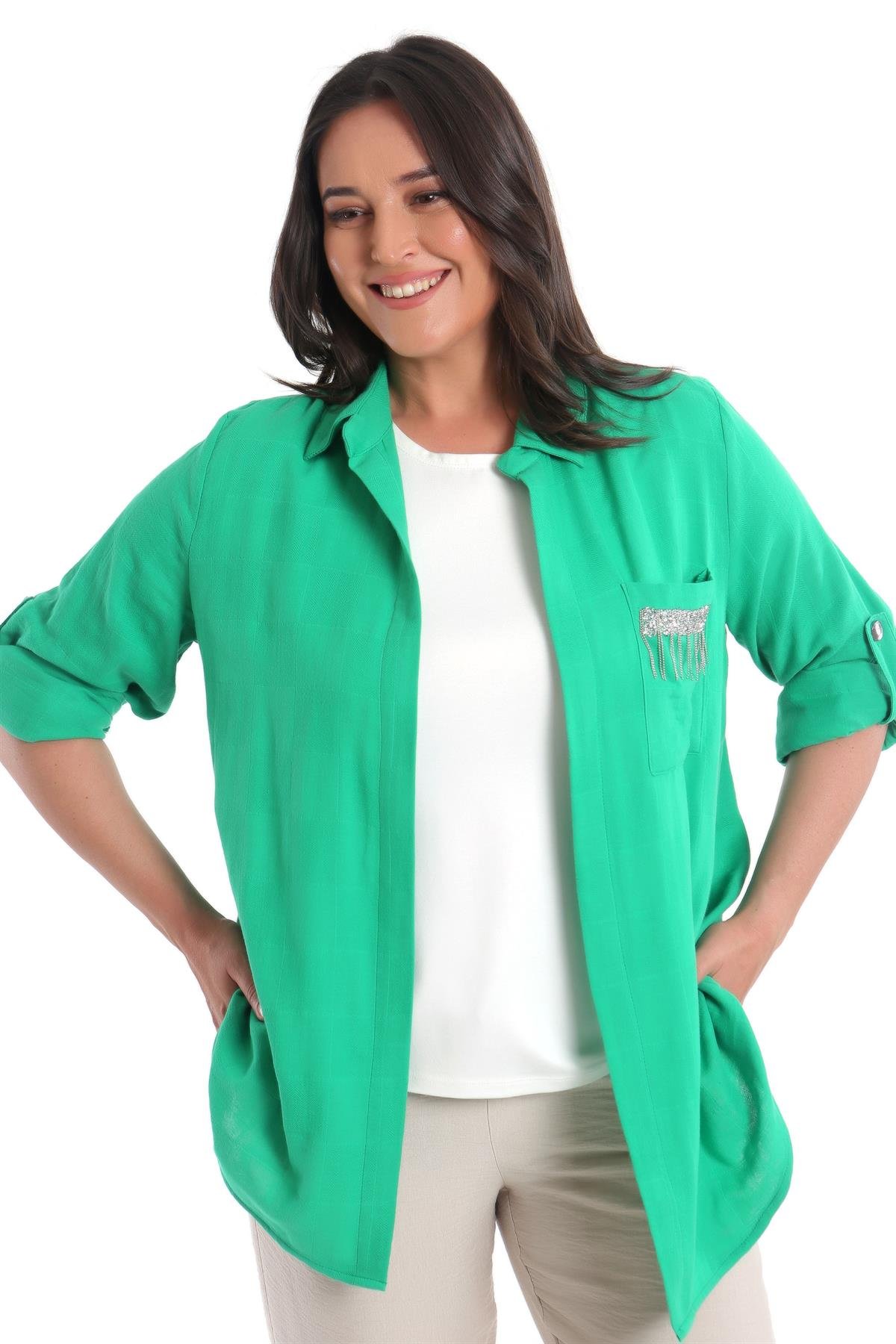 Büyük Beden Cebi Taş Şeritli Yeşil Gömlek Bluz İkili Takım