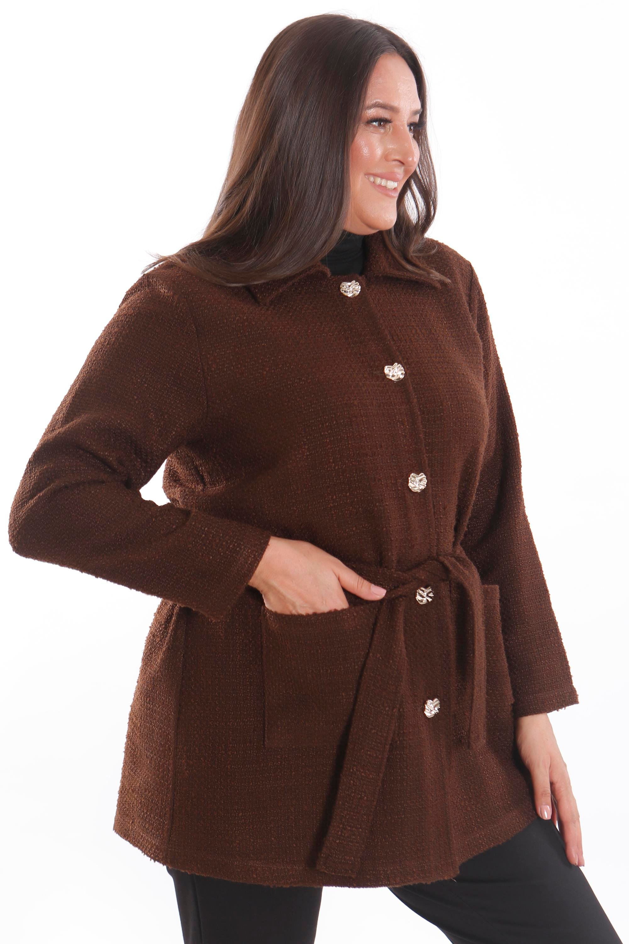 Büyük Beden Cep Detaylı Kuşaklı Düğme Kapamalı Kahverengi Ceket