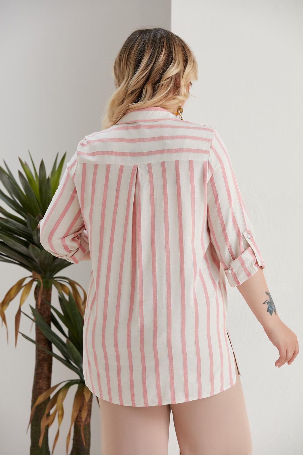 Büyük Beden Çizgili Cebi Zebra Desen Baskılı Bordo Gömlek