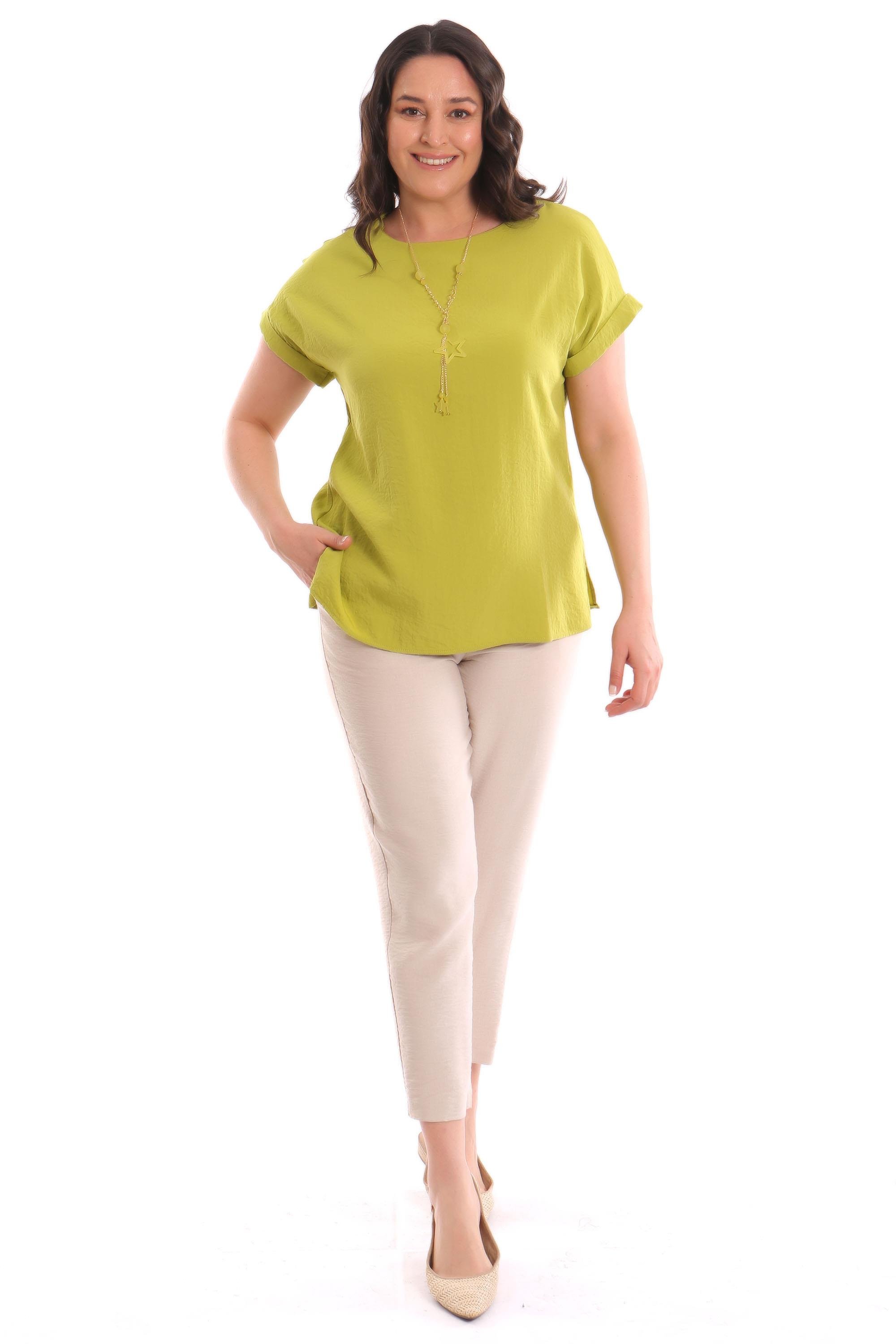 Büyük Beden Düşük kol Basic Fıstık Yeşili Bluz