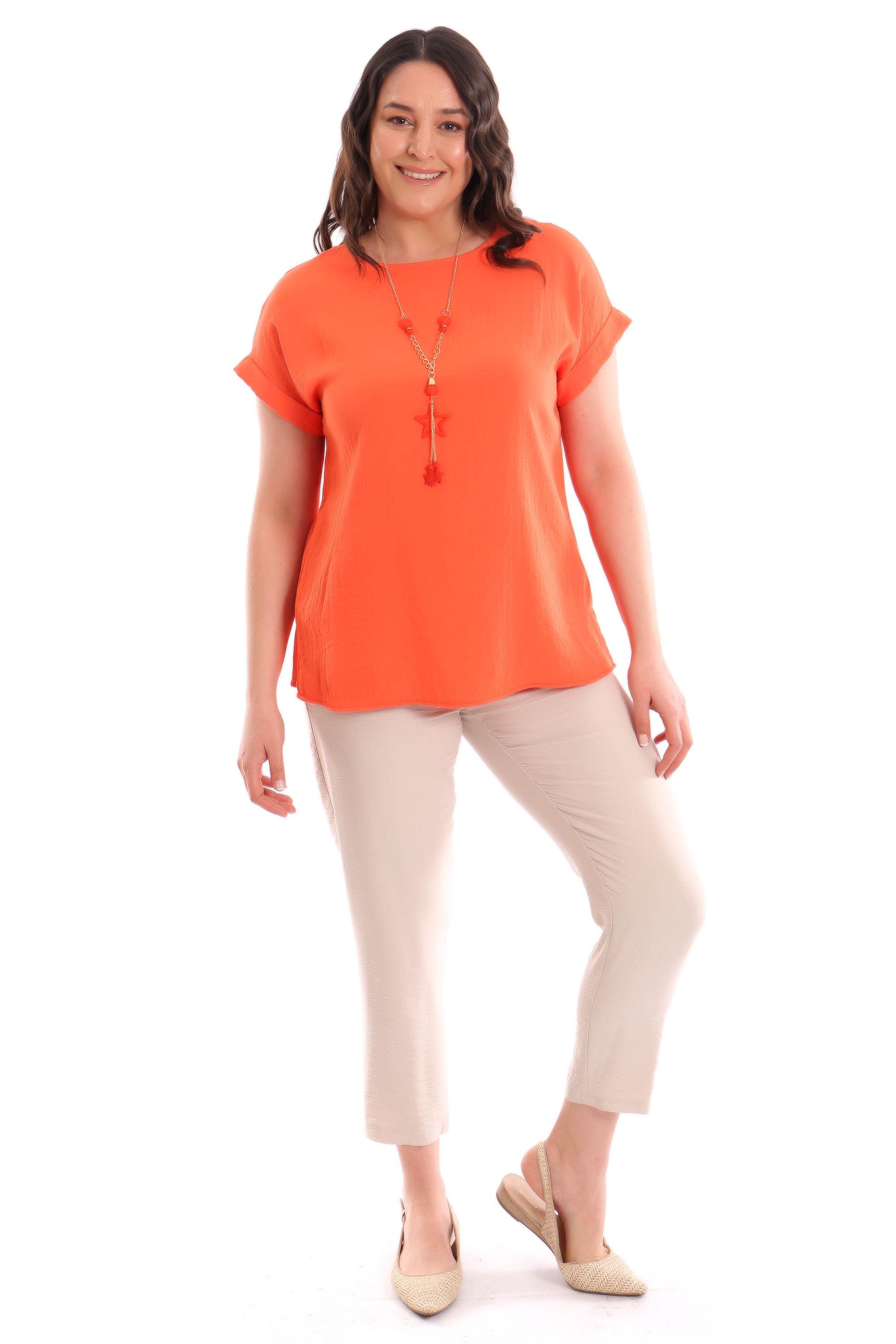 Büyük Beden Düşük kol Basic Oranj Bluz