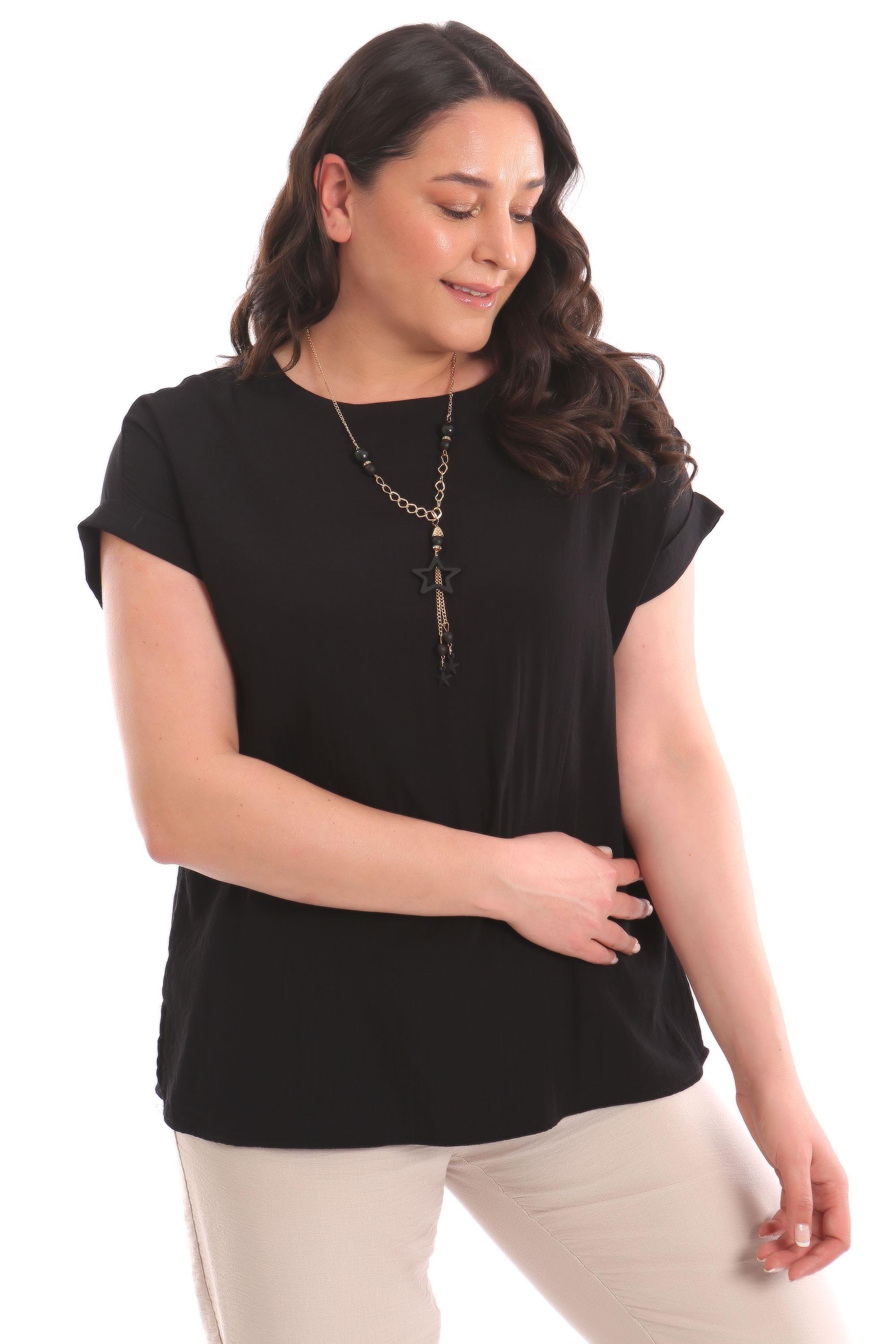 Büyük Beden Düşük kol Basic Siyah Bluz