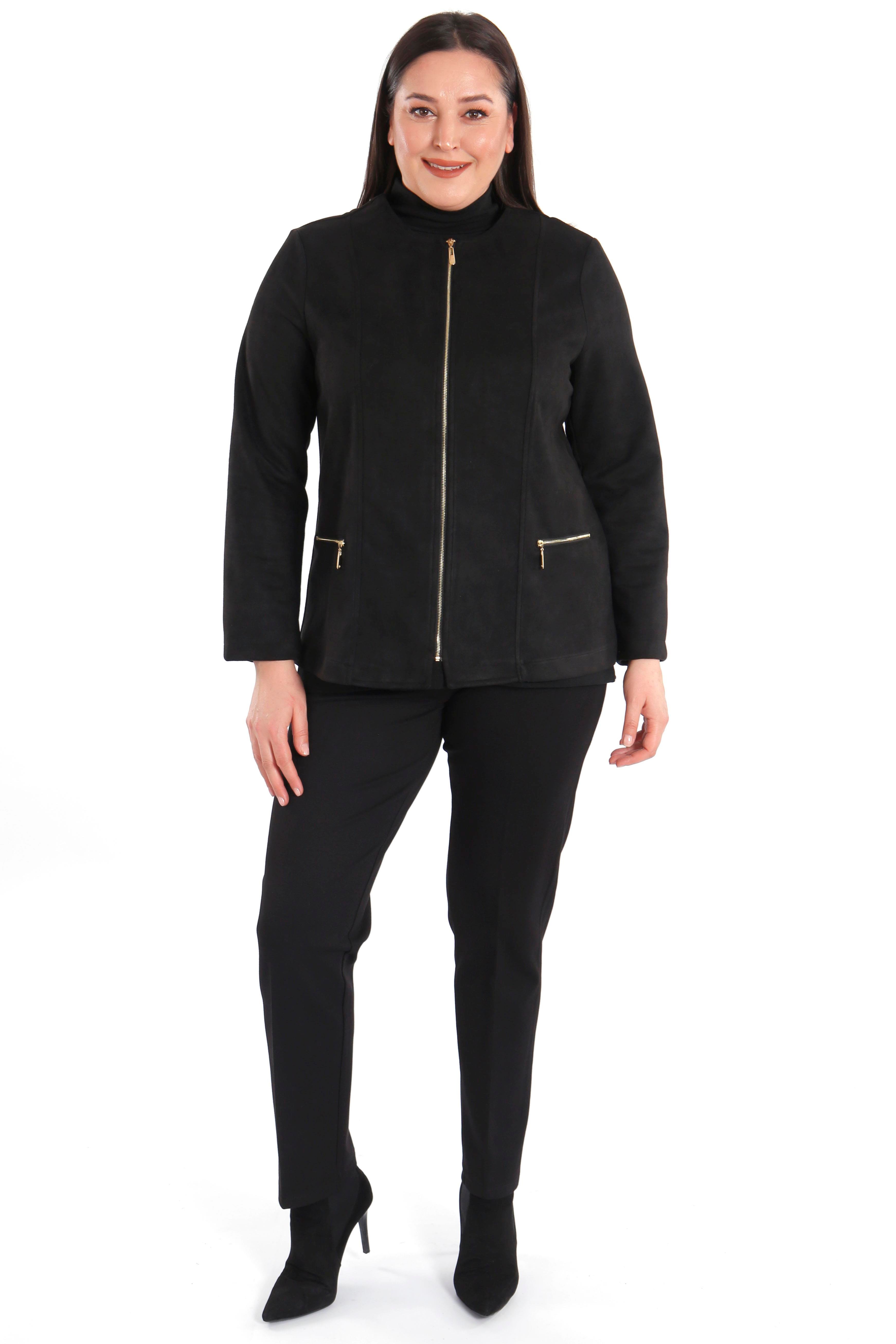 Büyük Beden Fermuarlı Siyah Süet Ceket