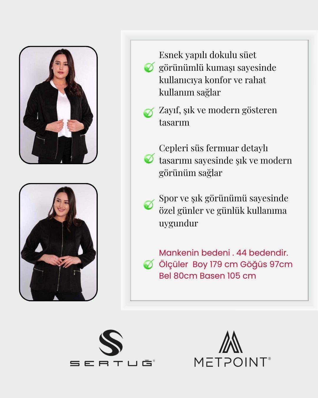 Büyük Beden Fermuarlı Siyah Süet Ceket