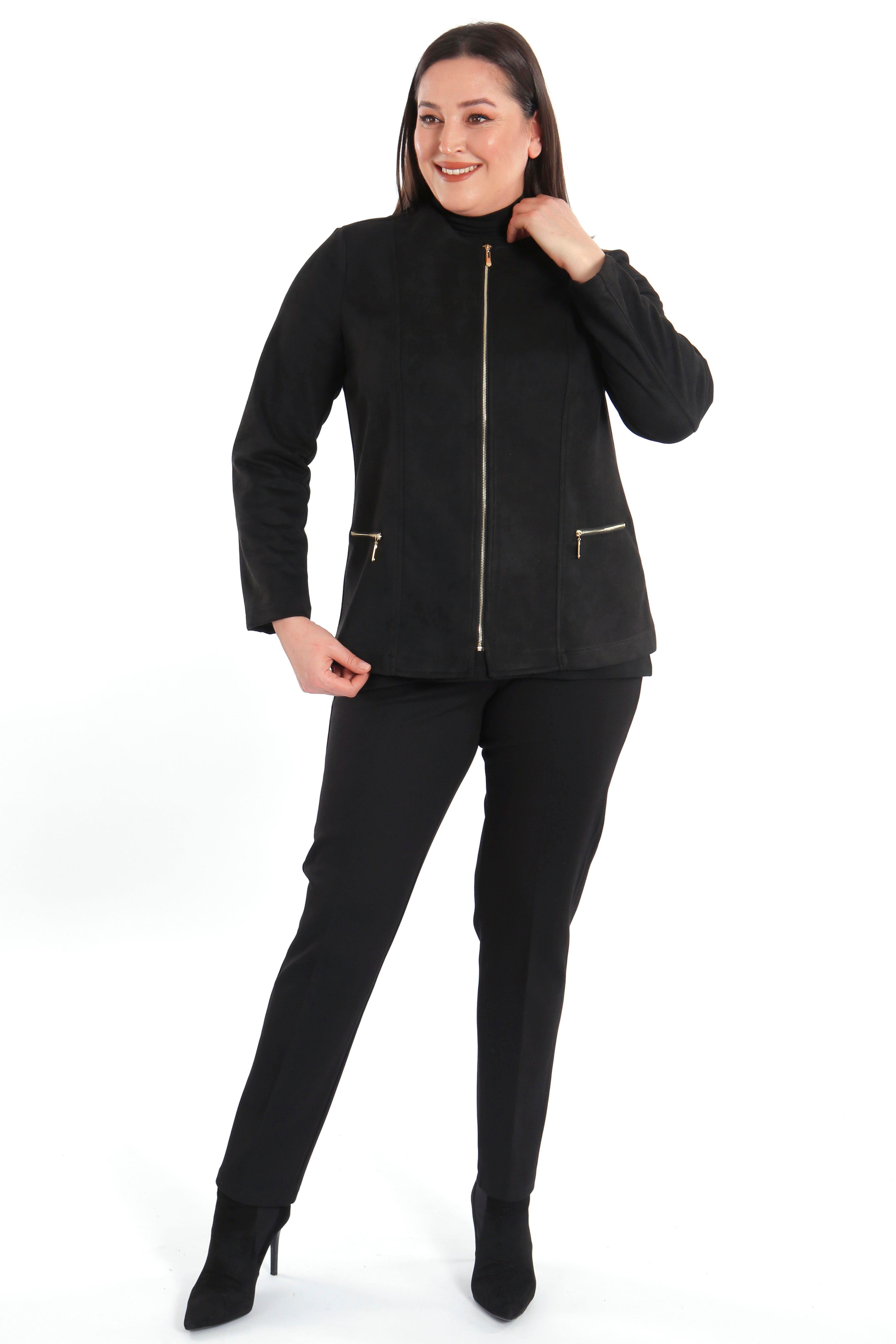 Büyük Beden Fermuarlı Siyah Süet Ceket