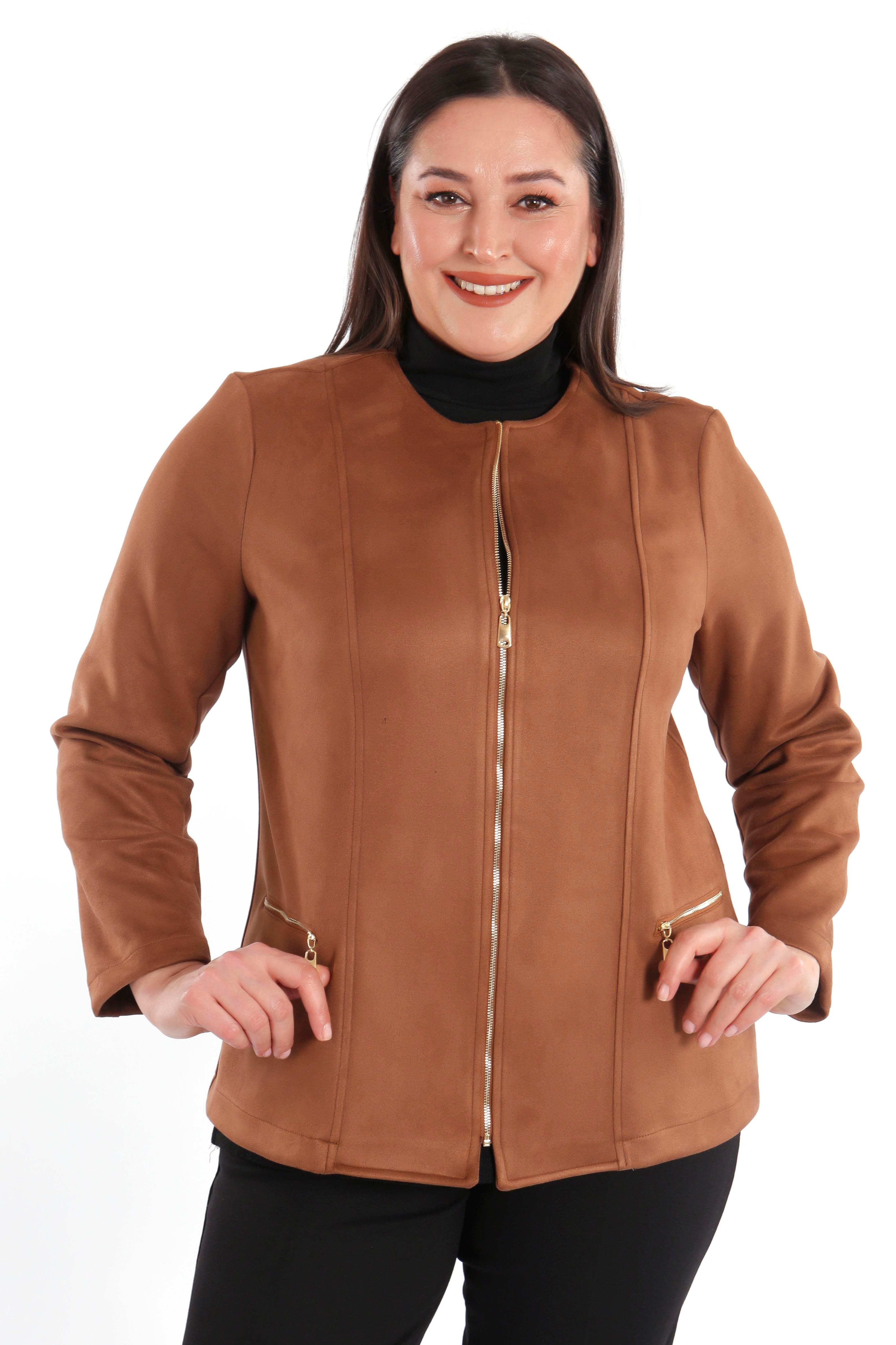 Büyük Beden Fermuarlı Taba Süet Ceket