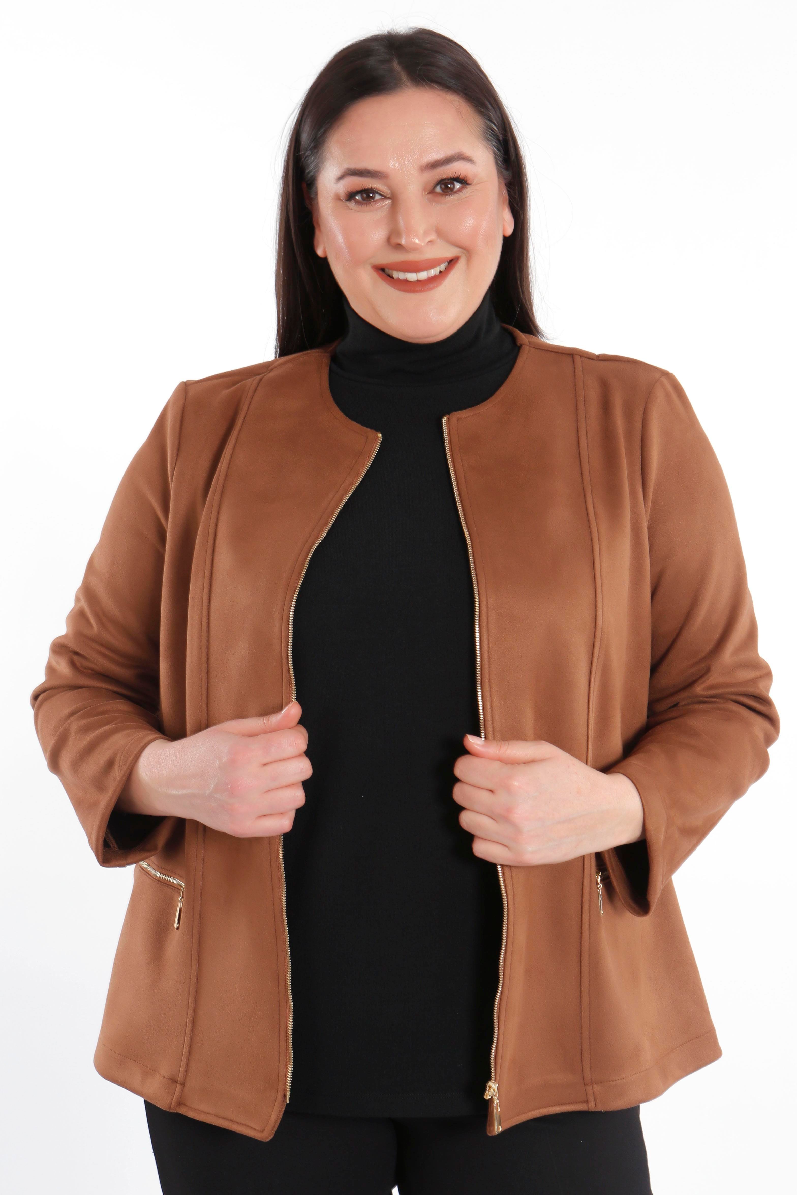 Büyük Beden Fermuarlı Taba Süet Ceket