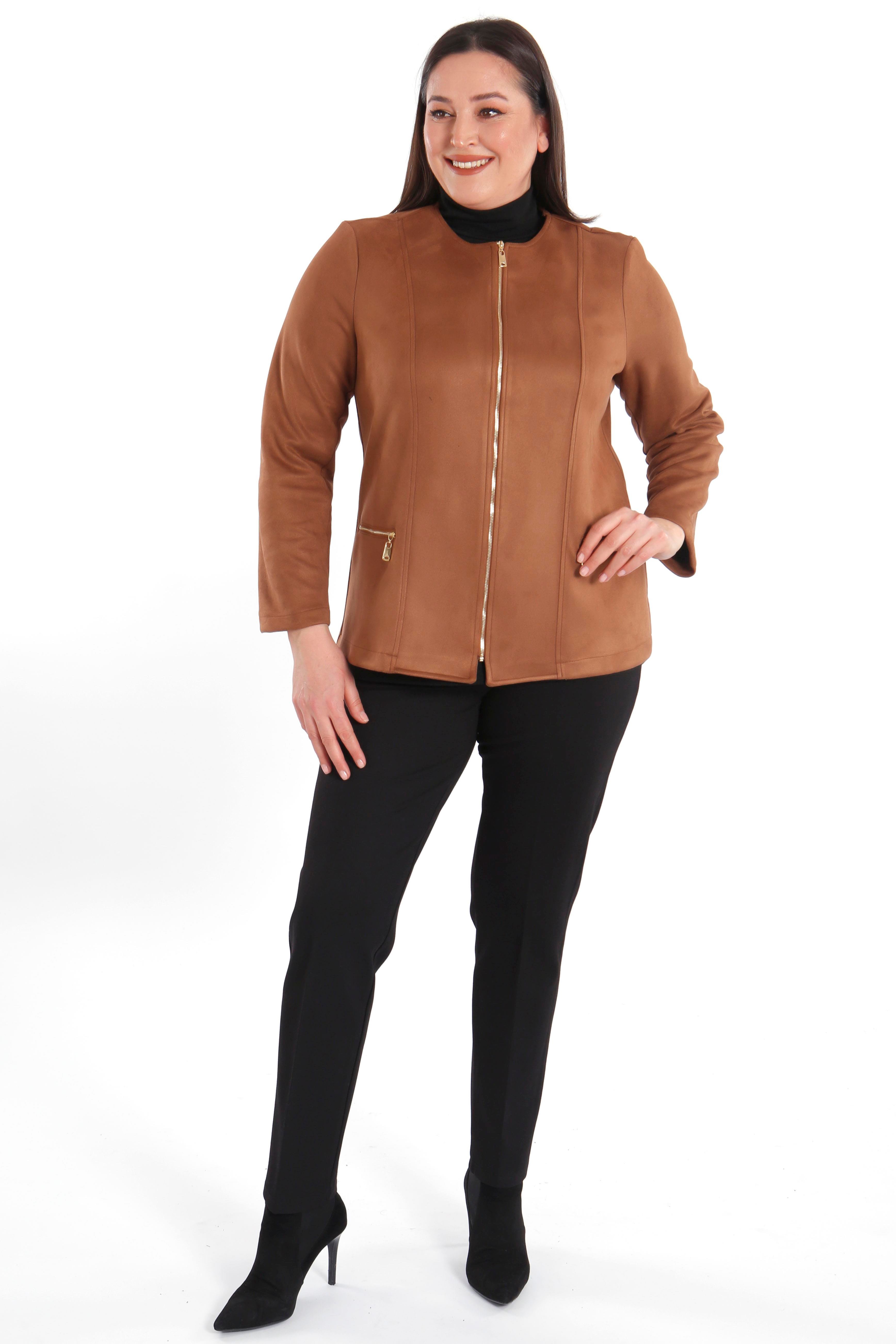 Büyük Beden Fermuarlı Taba Süet Ceket