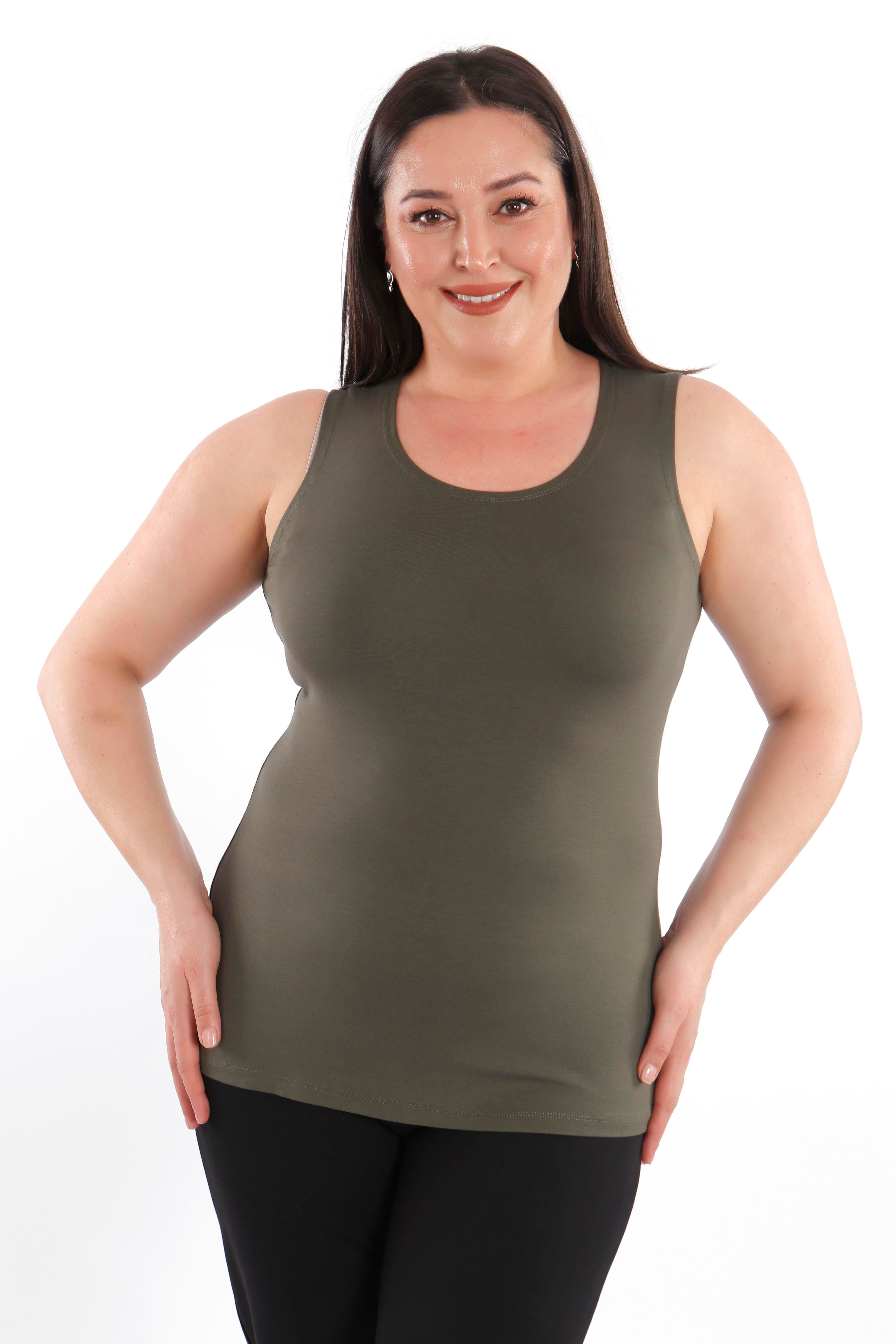 Büyük beden Geniş Askılı Basic Haki Bluz (T-shirt)