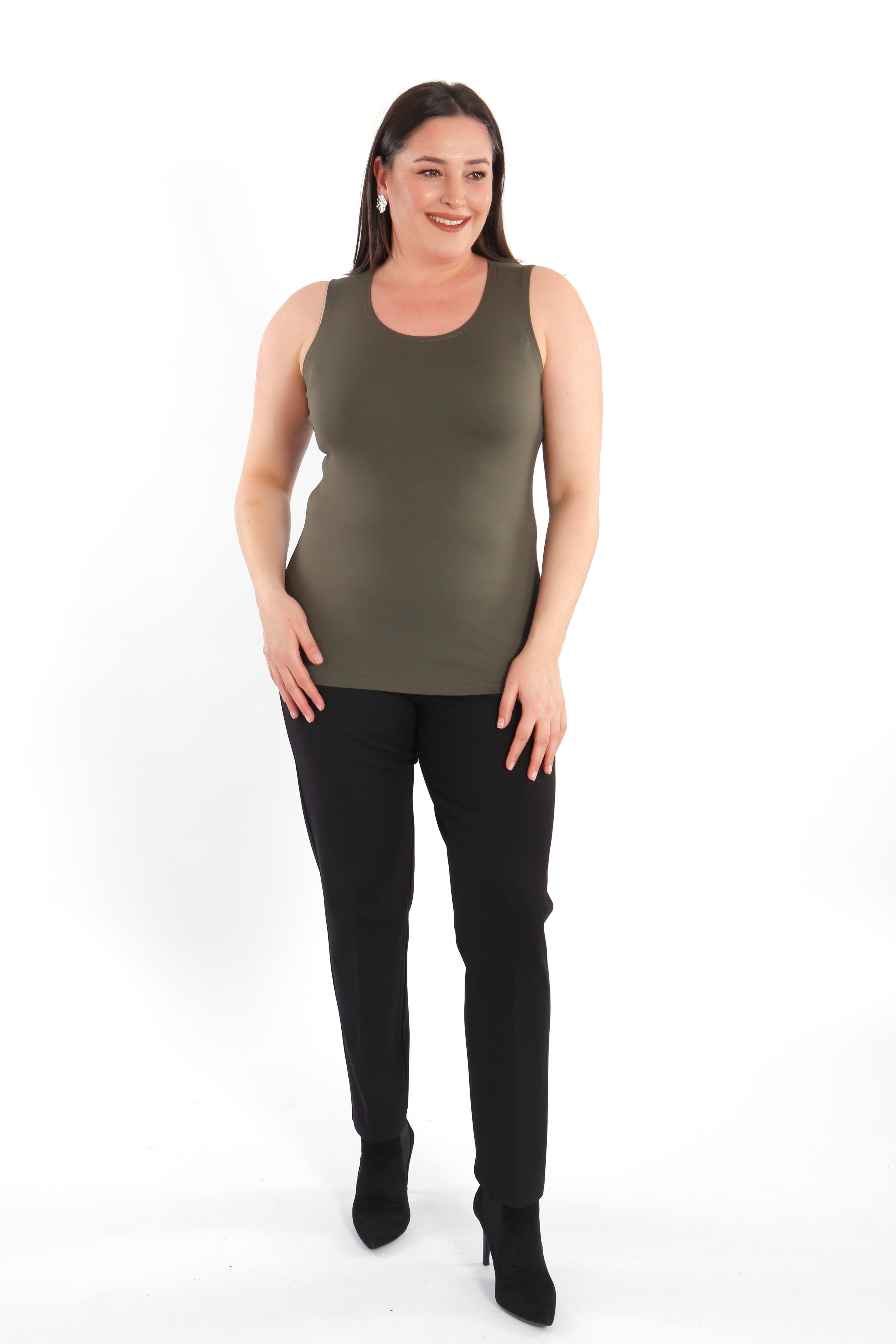 Büyük beden Geniş Askılı Basic Haki Bluz (T-shirt)