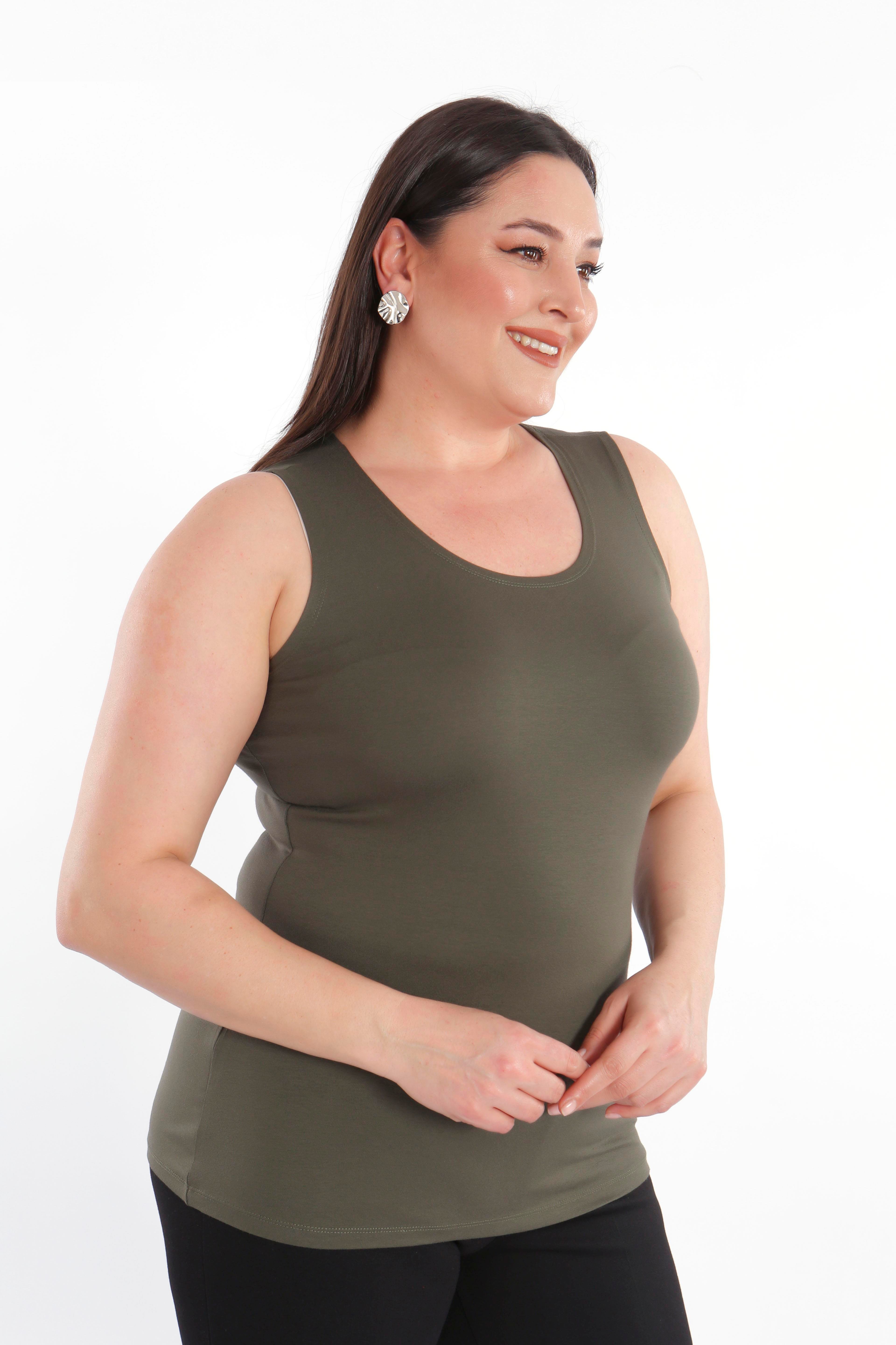 Büyük beden Geniş Askılı Basic Haki Bluz (T-shirt)