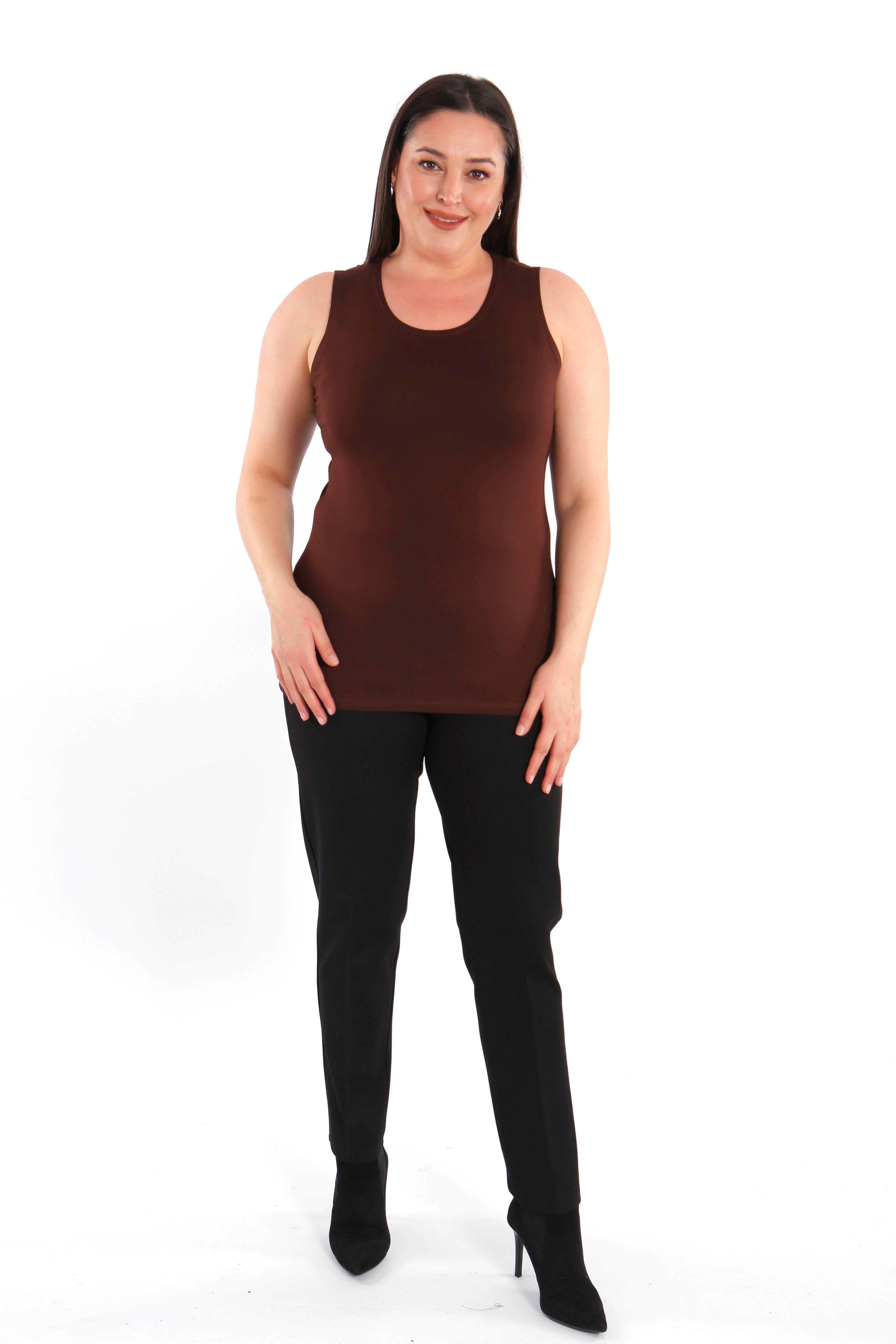 Büyük beden Geniş Askılı Basic Kahverengi Bluz (T-shirt)