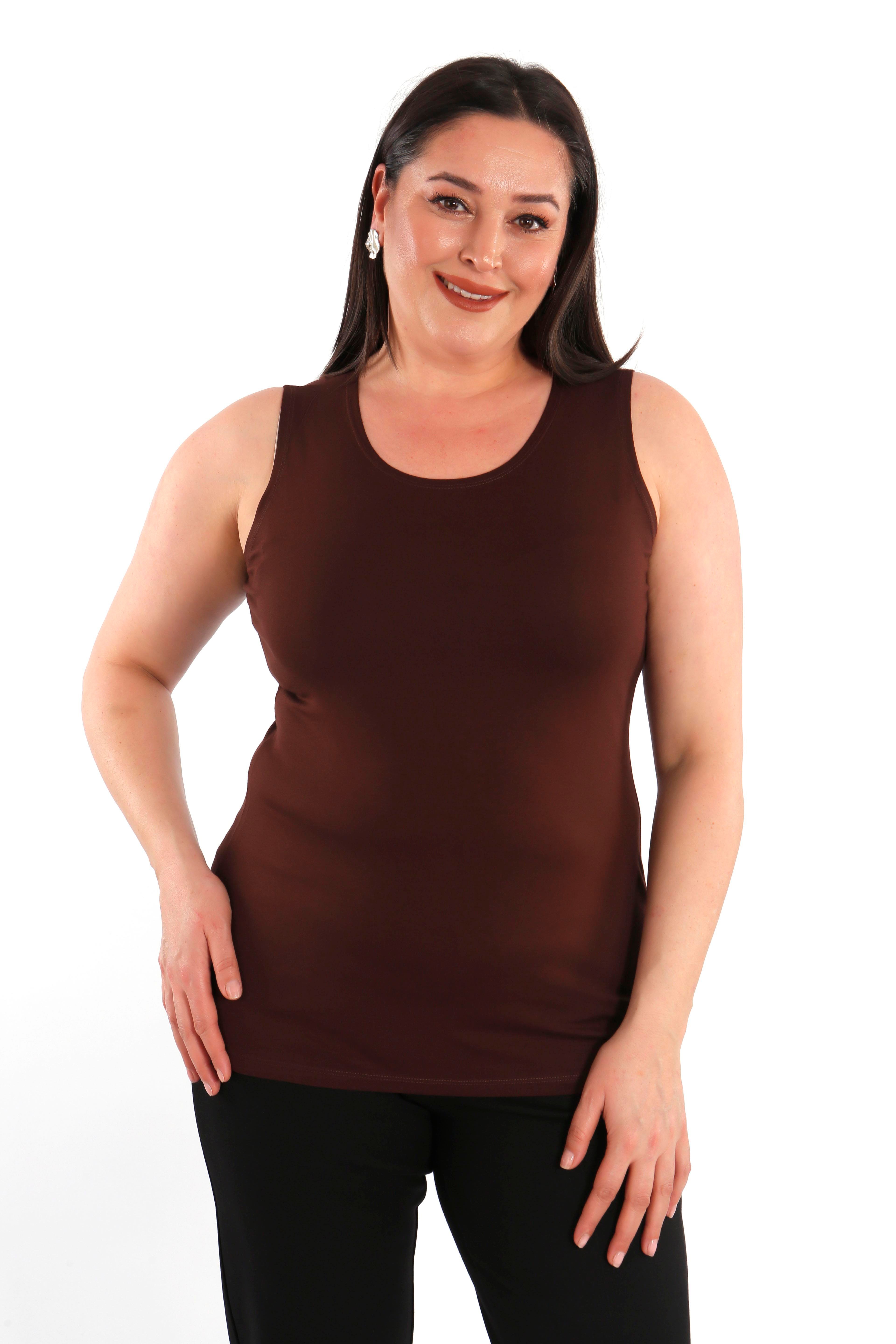 Büyük beden Geniş Askılı Basic Kahverengi Bluz (T-shirt)