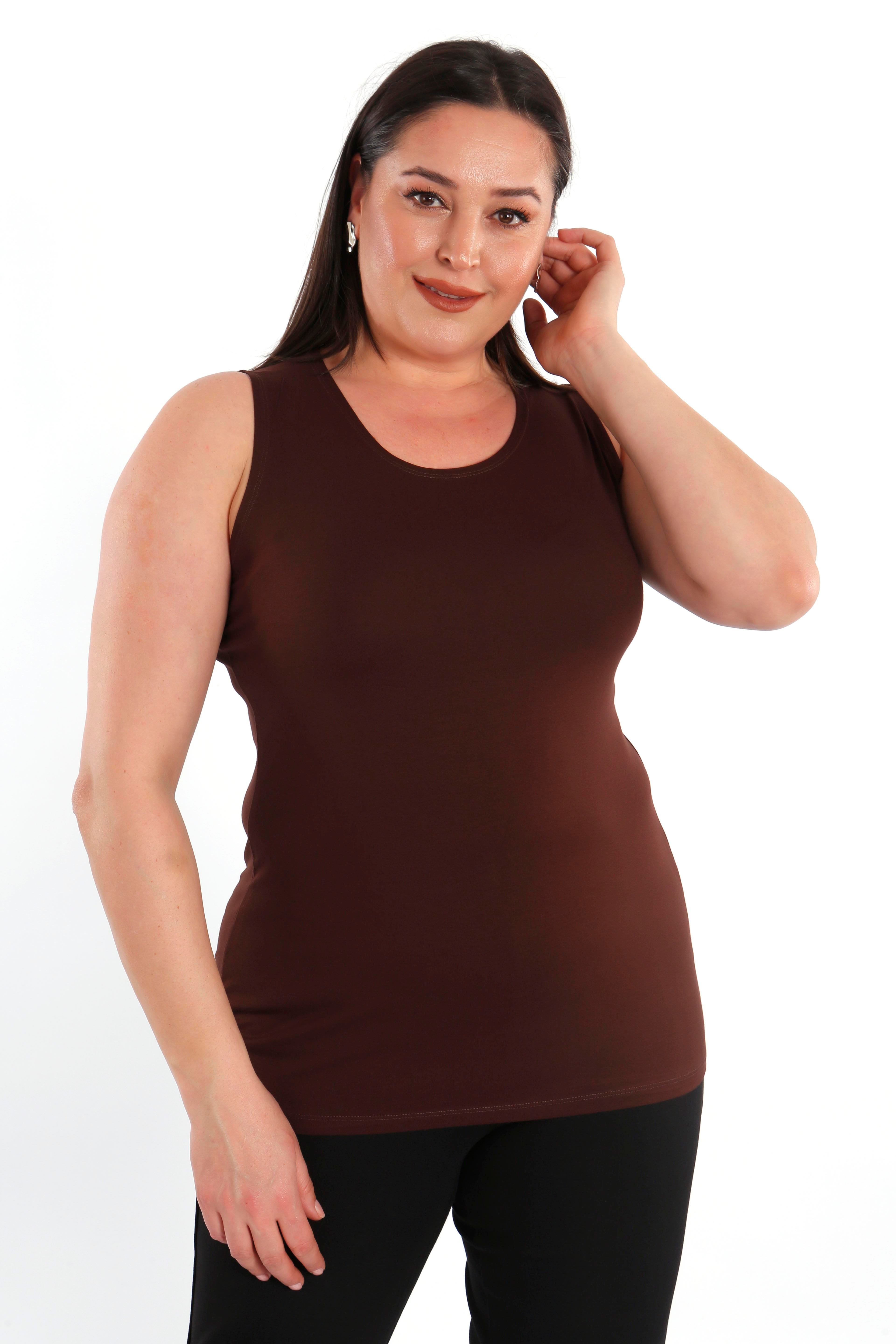 Büyük beden Geniş Askılı Basic Kahverengi Bluz (T-shirt)