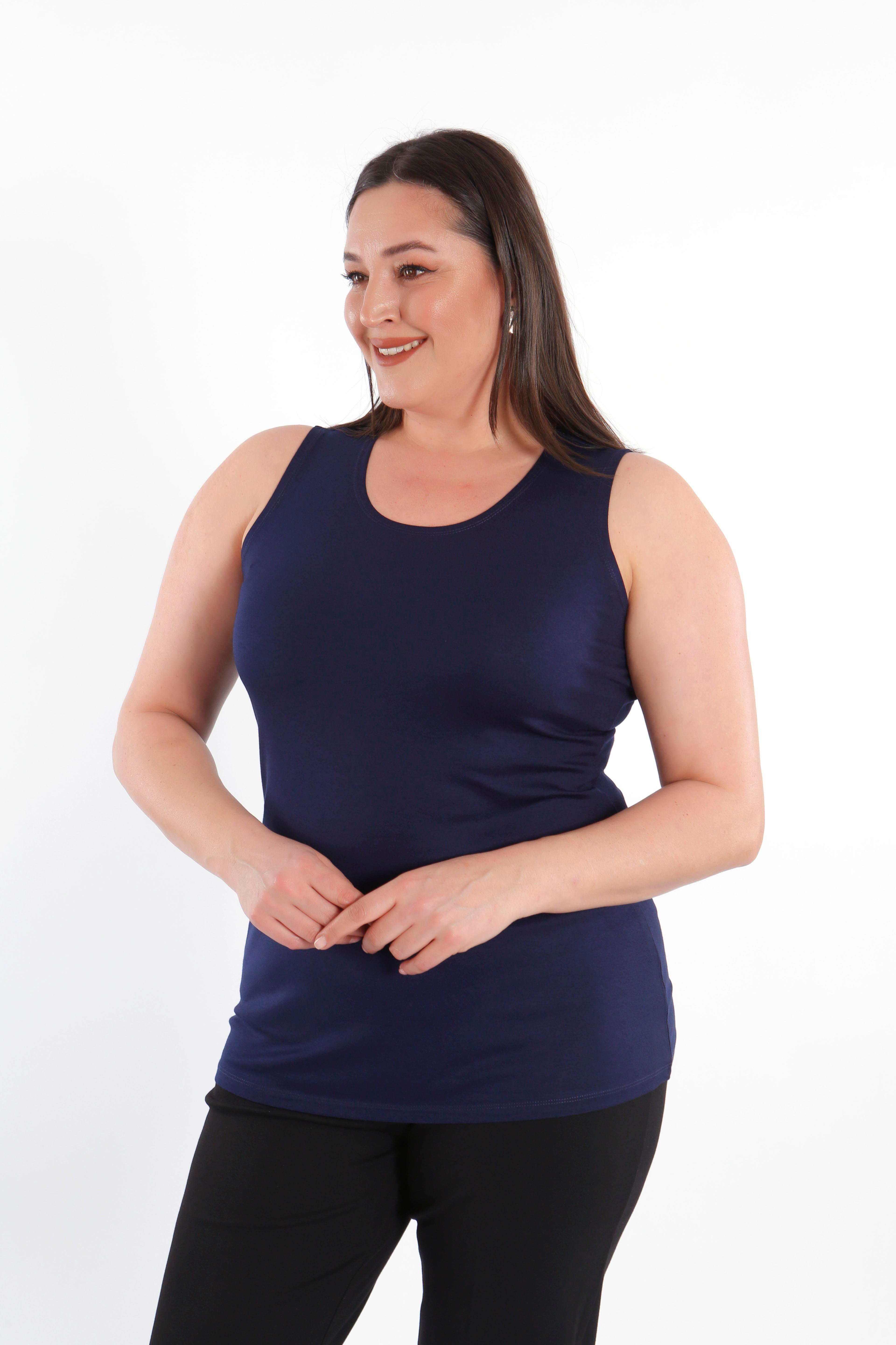 Büyük beden Geniş Askılı Basic Lacivert Bluz (T-shirt)