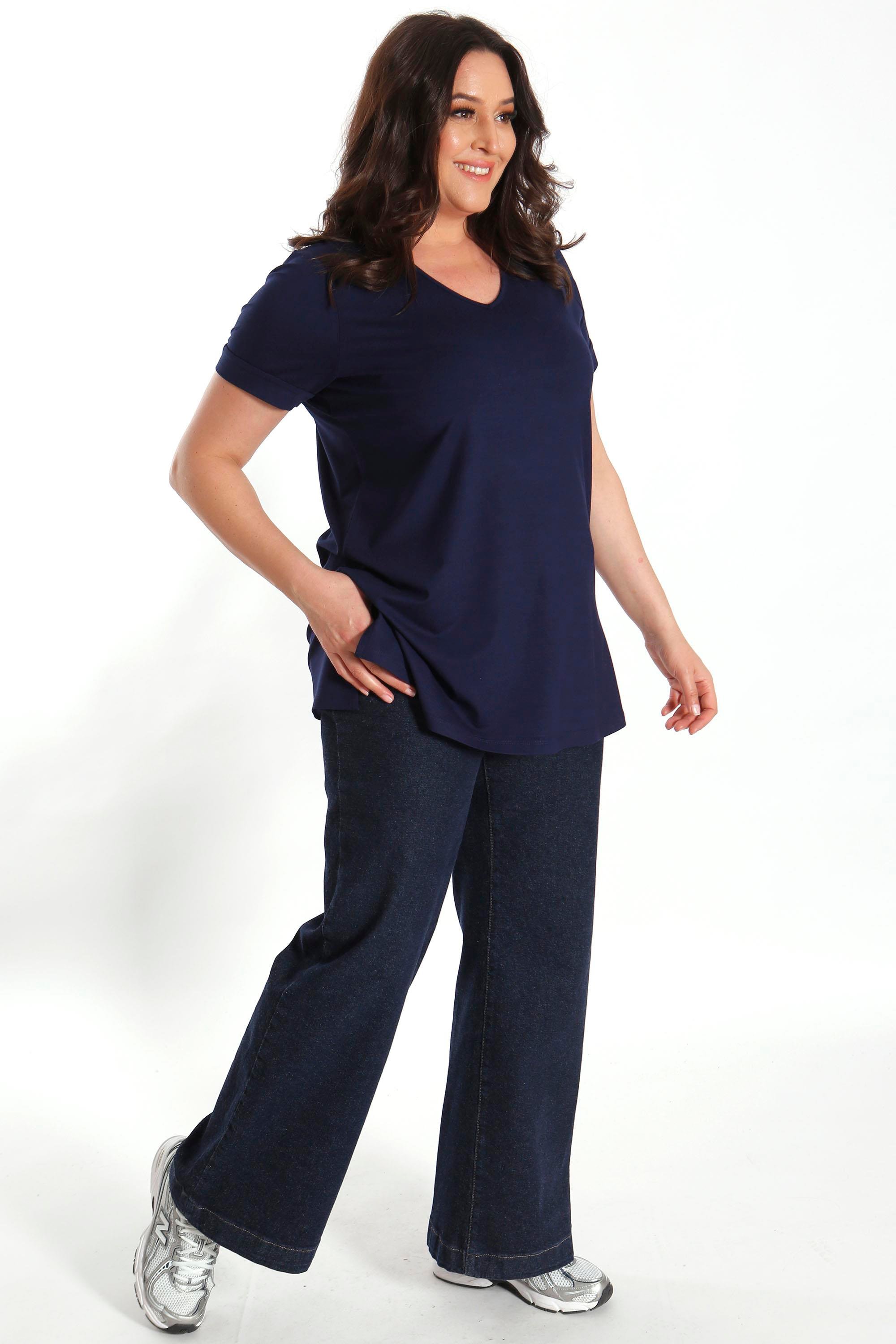Büyük Beden Kadın V Yakalı Yırtmaçlı Basic Lacivert Bluz (T-Shirt)