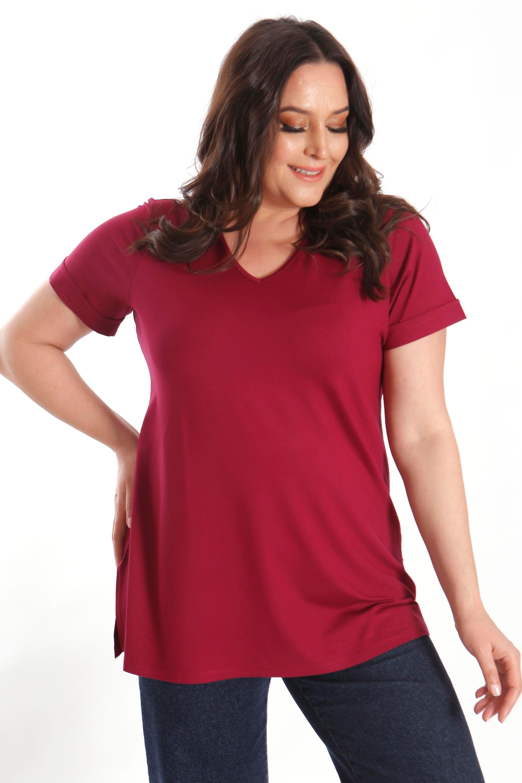 Büyük Beden Kadın V Yakalı Yırtmaçlı Basic Bordo Bluz (T-Shirt)